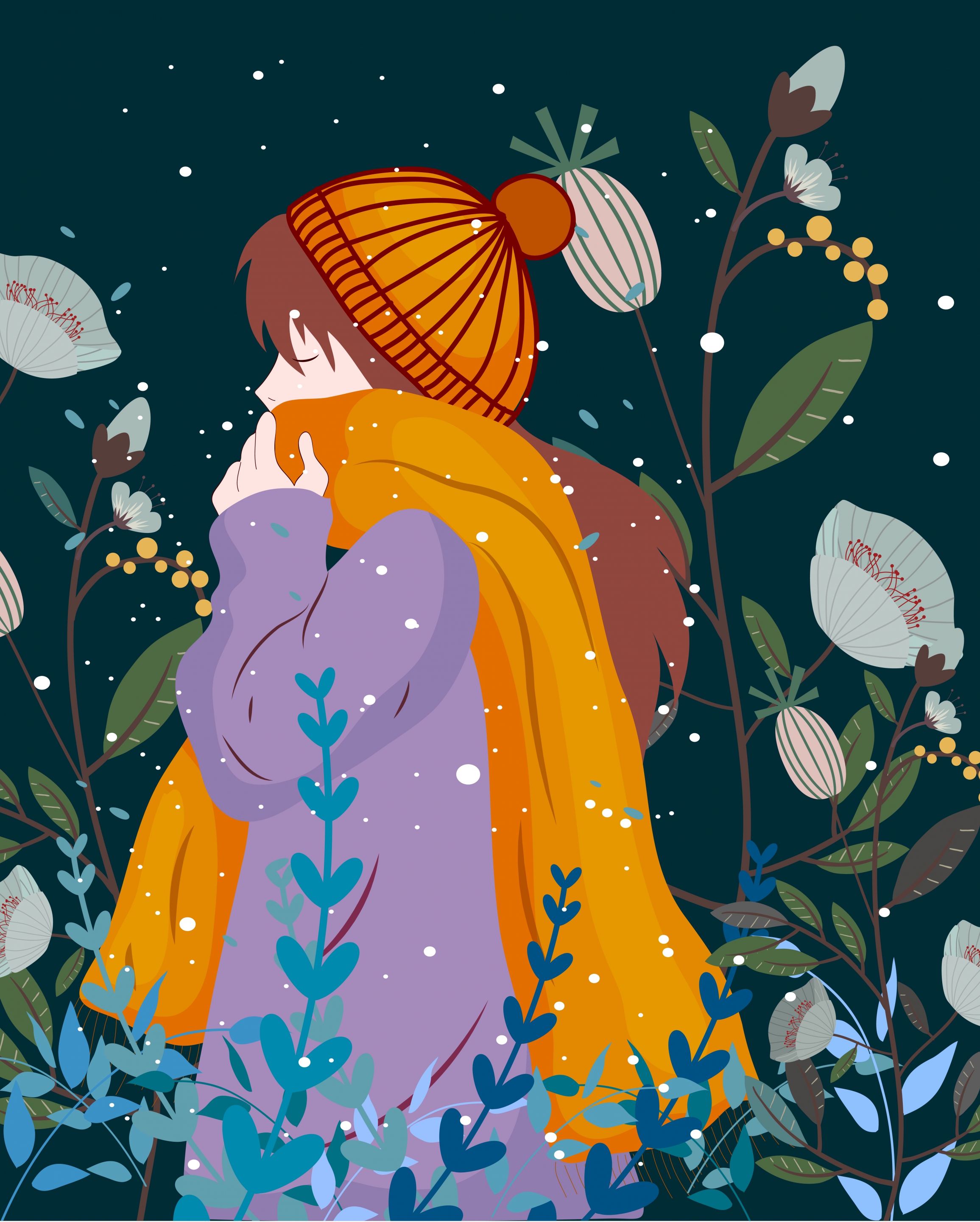 winter drawing girl in warm clothes colored cartoon