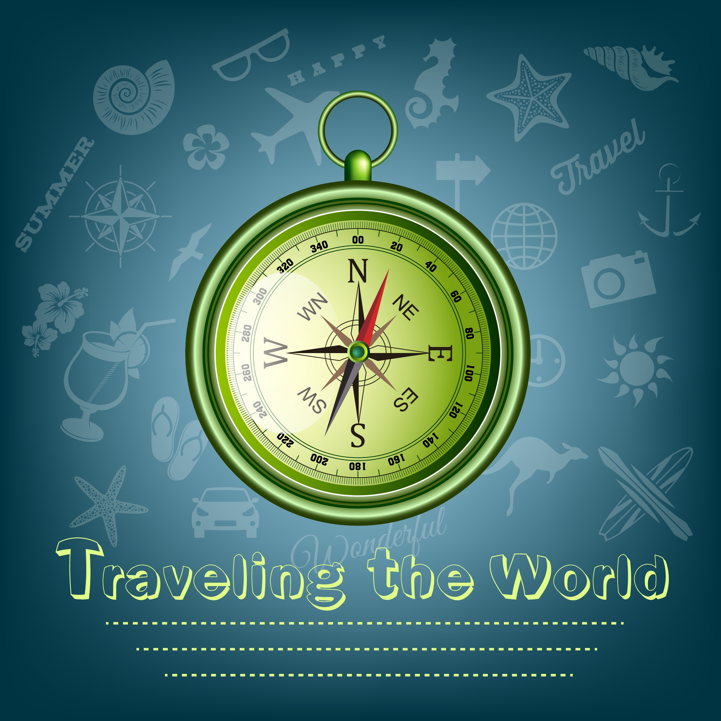 travel banner compass icon shiny green design