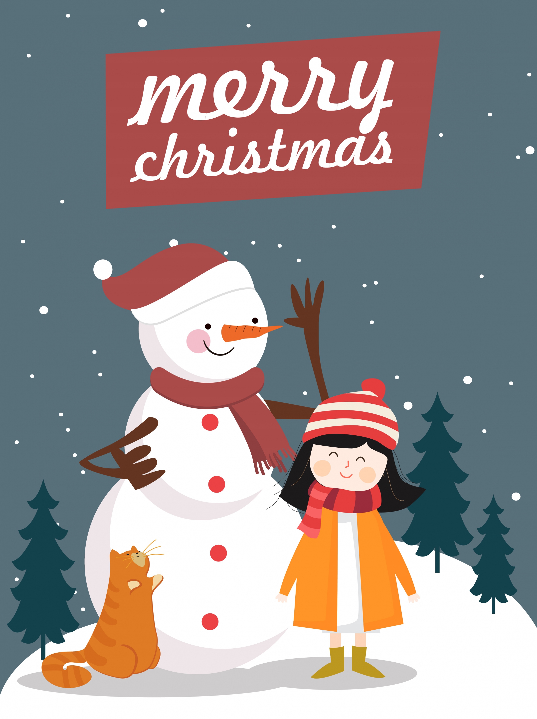 christmas poster snowman girl icons colored cartoon design