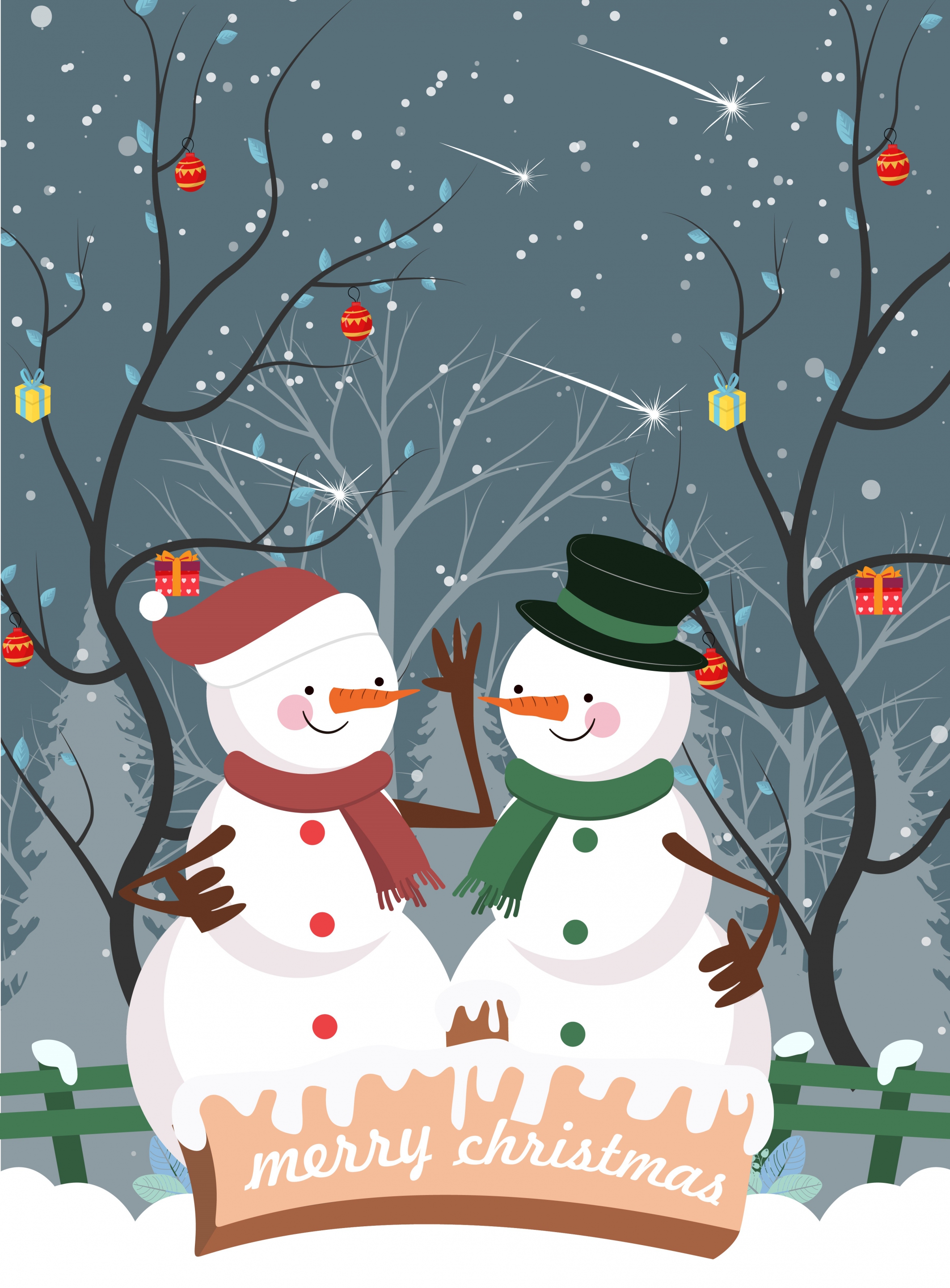 christmas poster snowman icons leafless trees outdoor snow