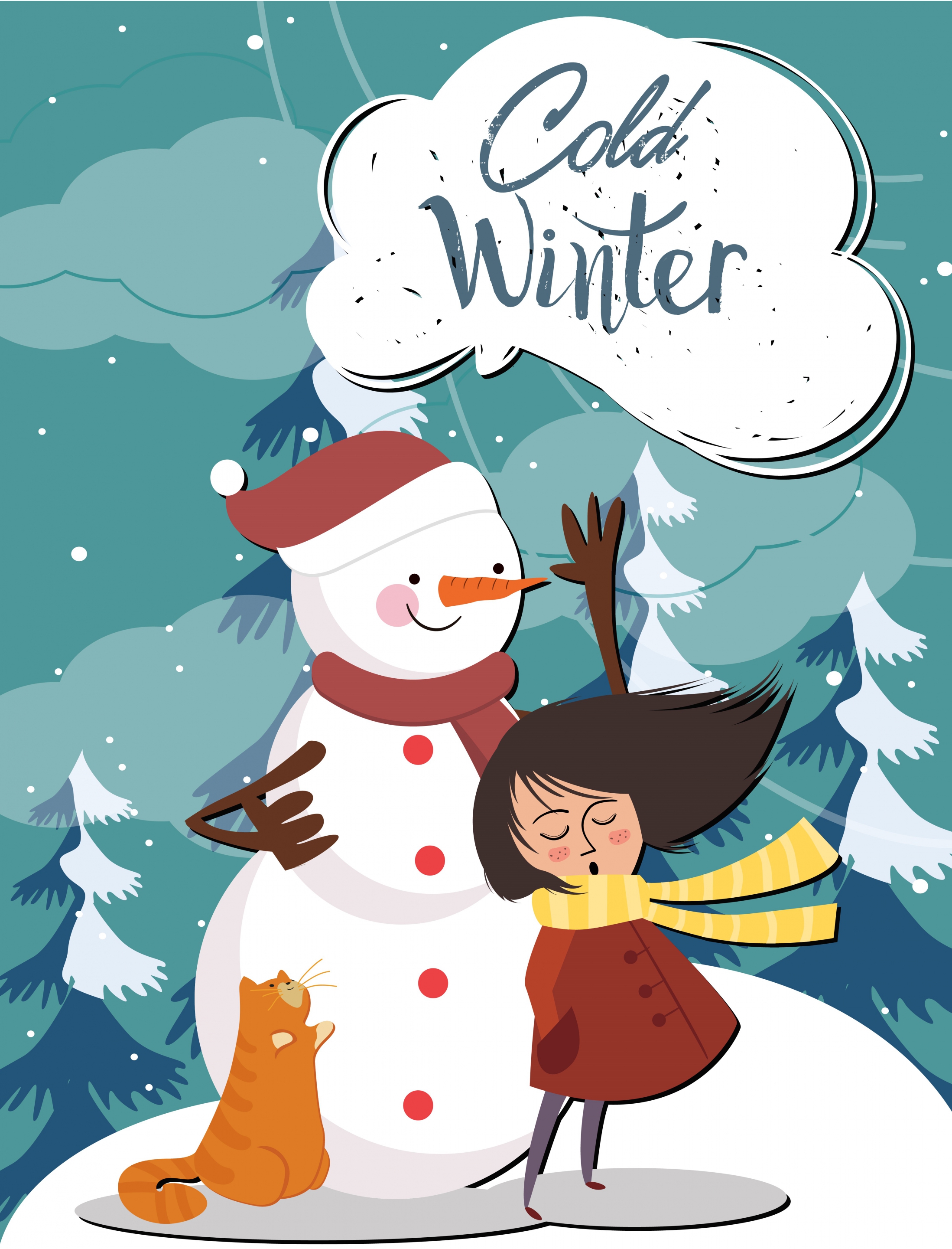 cold winter drawing snowman girl icons colored cartoon