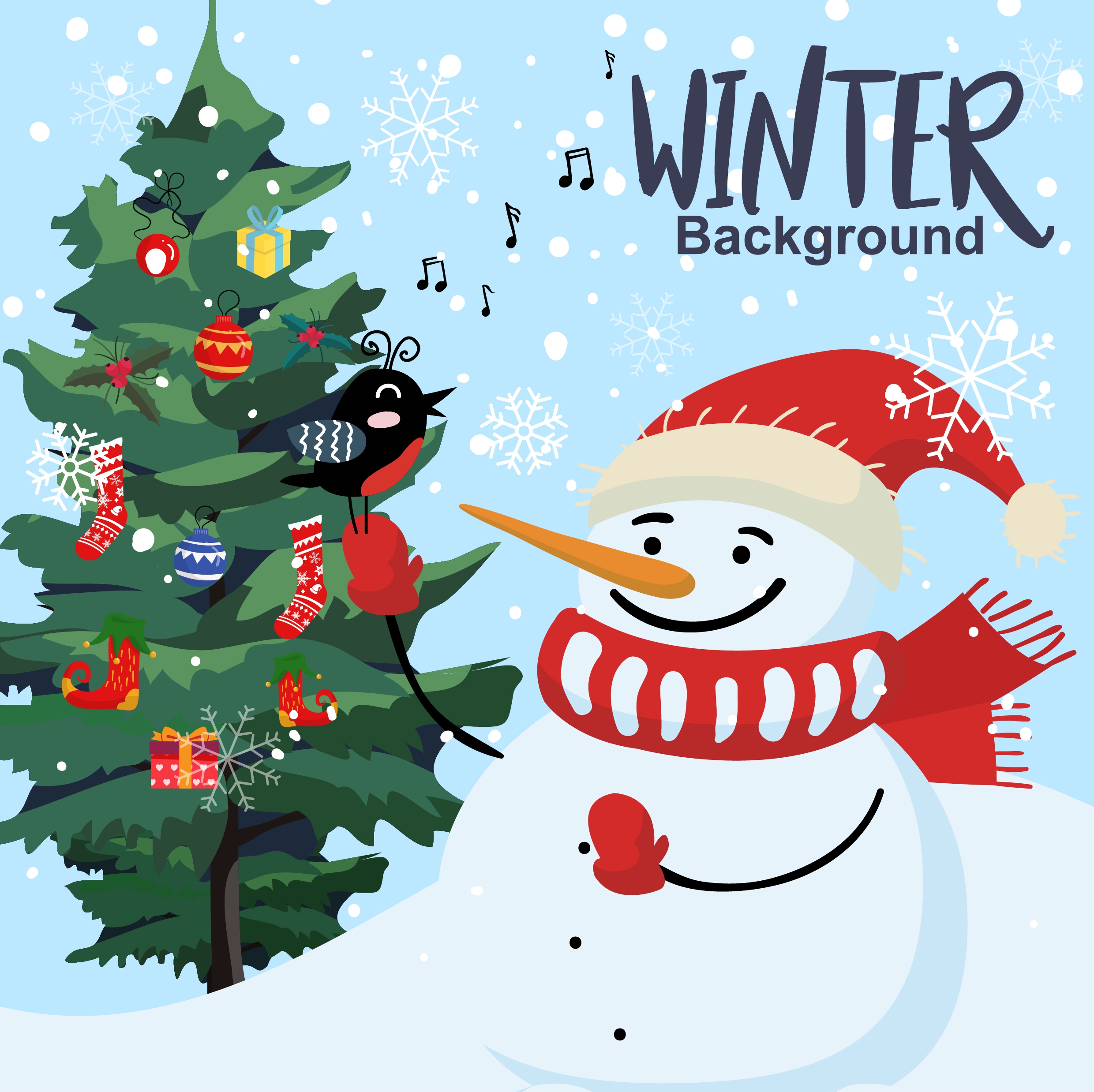 winter background snowman fir tree icons classical design