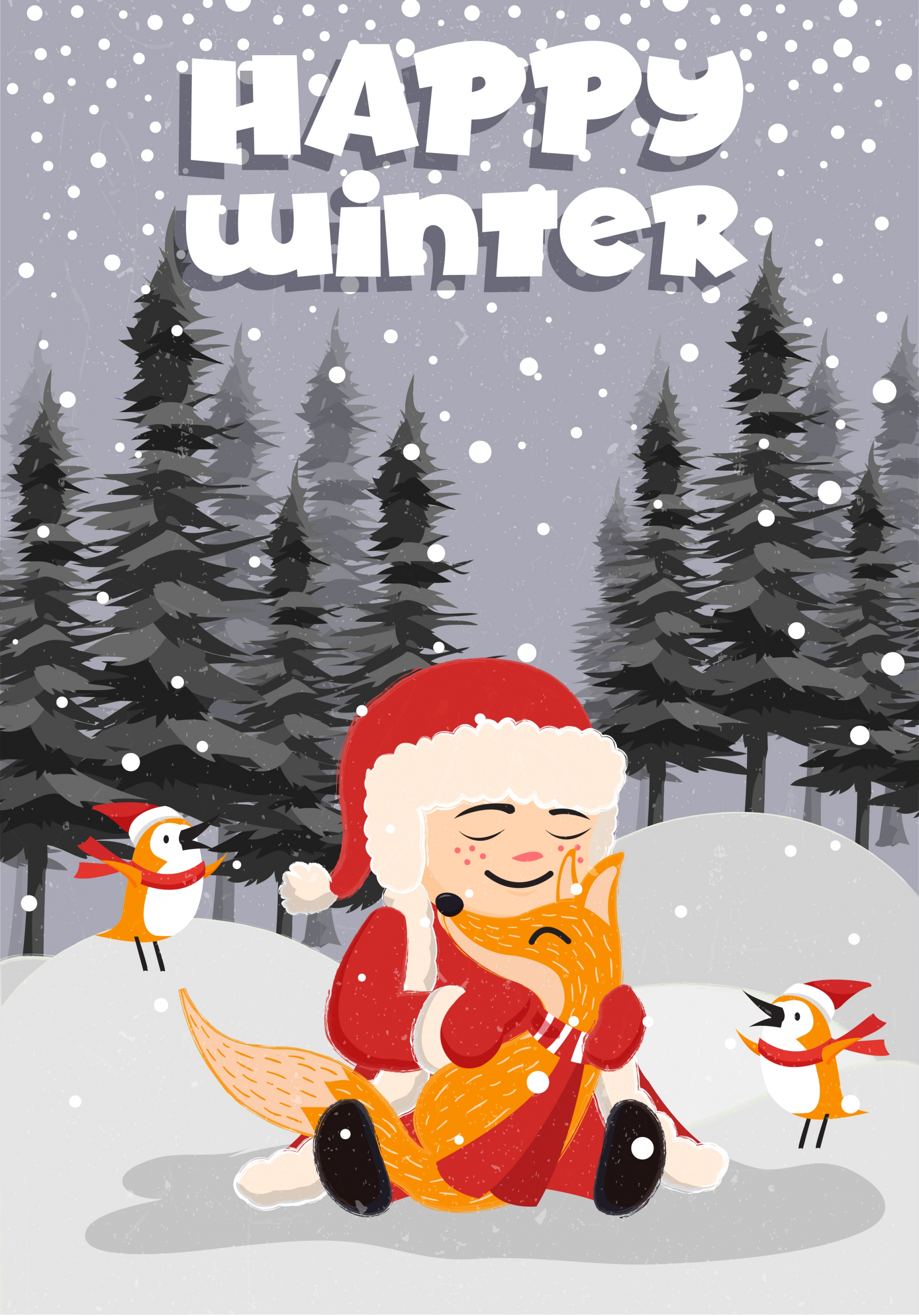 winter banner kid wild animals cold snow icons