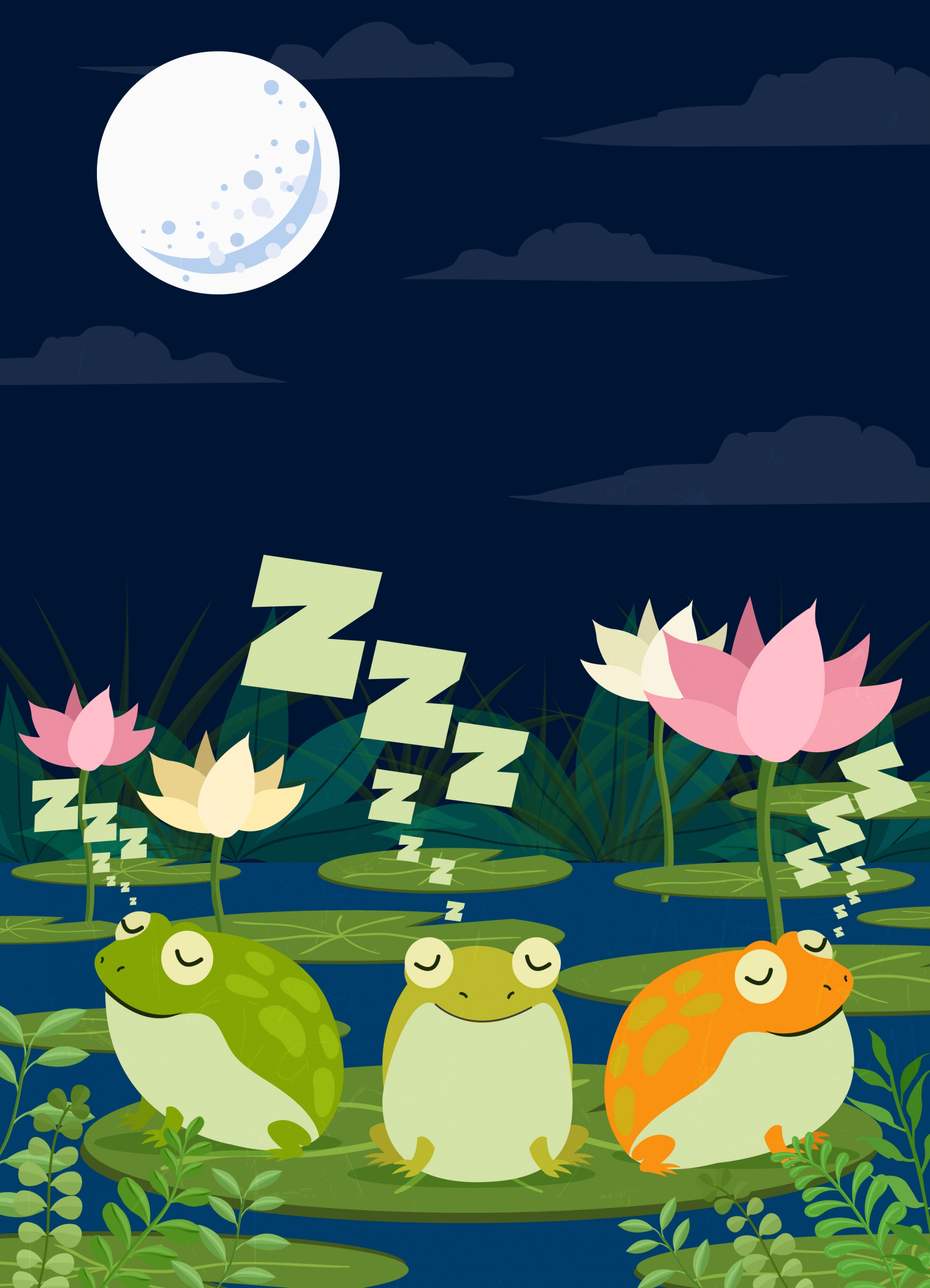 wildlife drawing sleeping frogs moonlight lotus icons decor