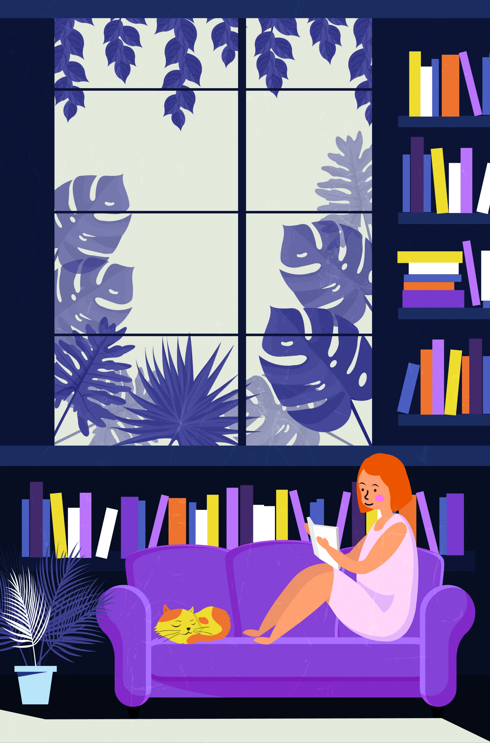 library drawing woman reading book colored cartoon design