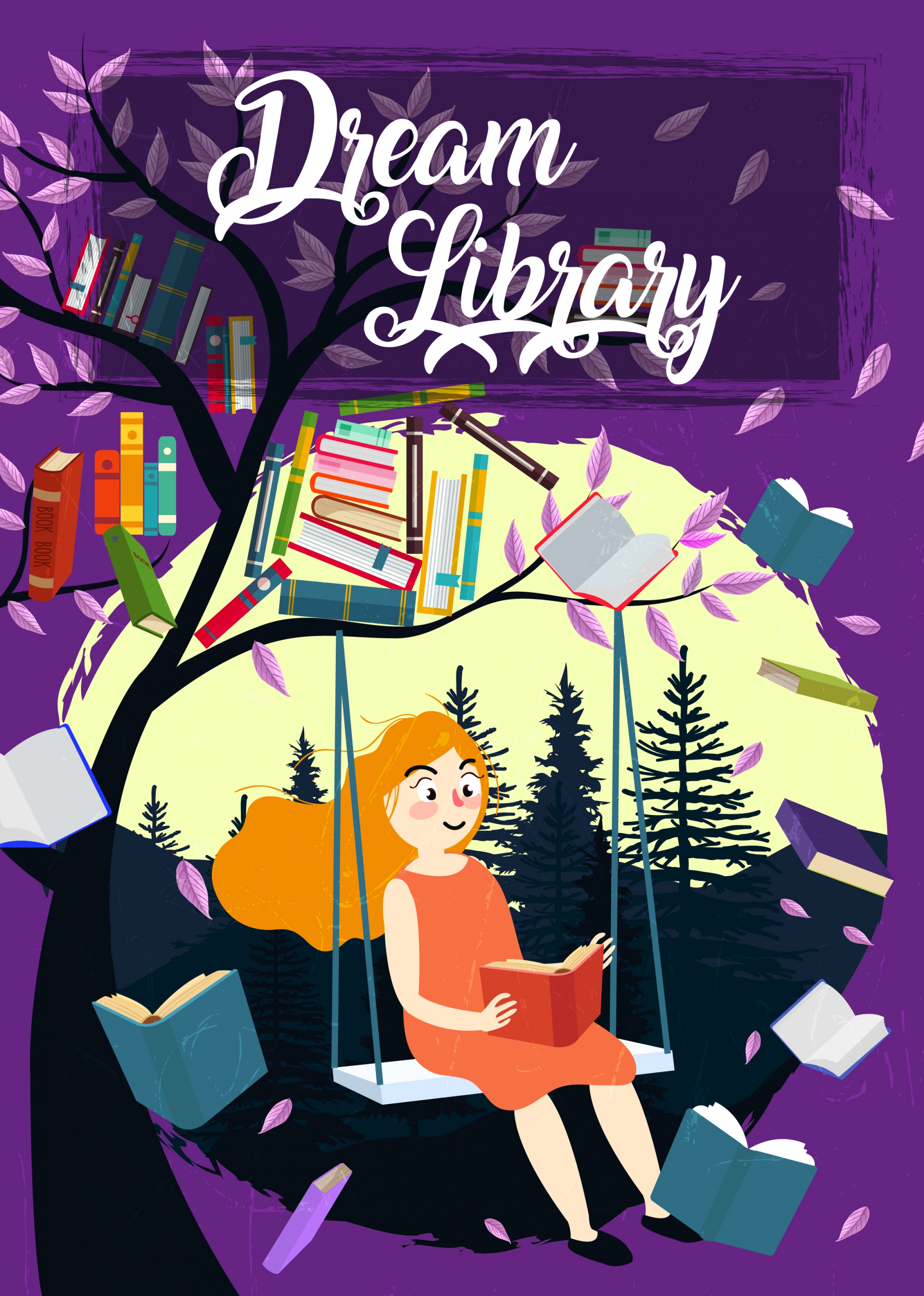 dream library banner woman tree flying books decoration