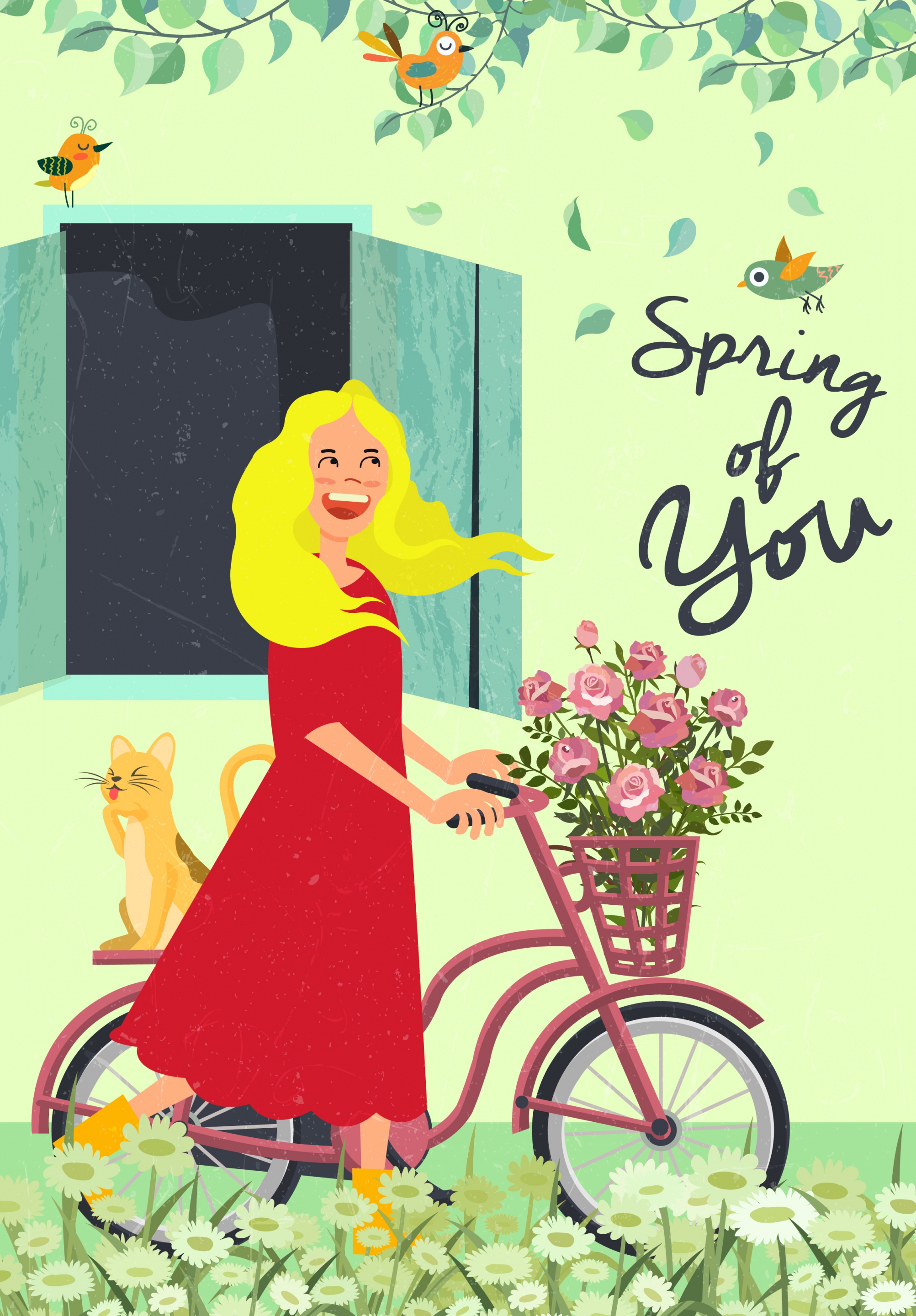 spring drawing lady cat flowers bicycle colored cartoon