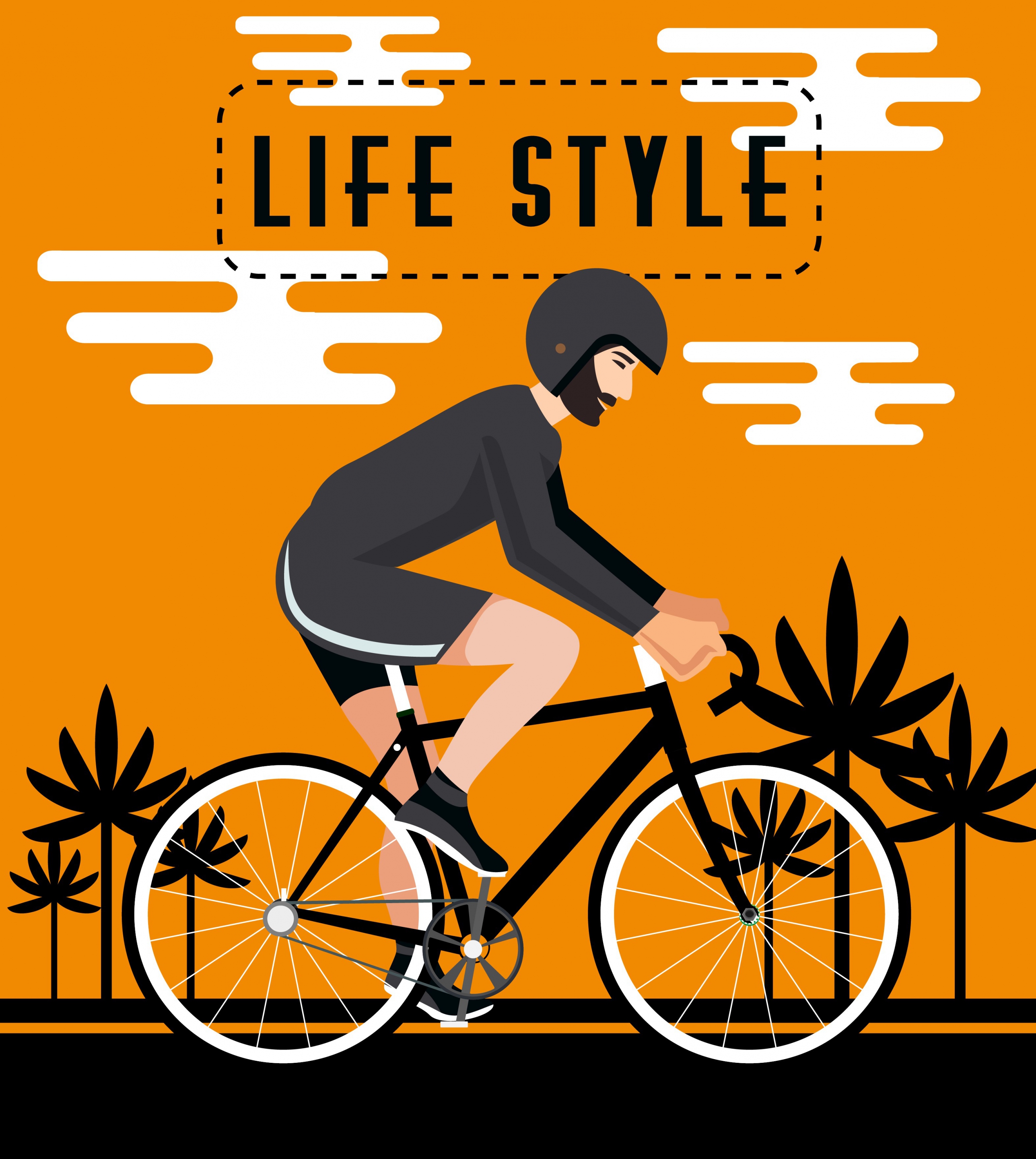 healthy lifestyle banner man riding bicycle colored cartoon