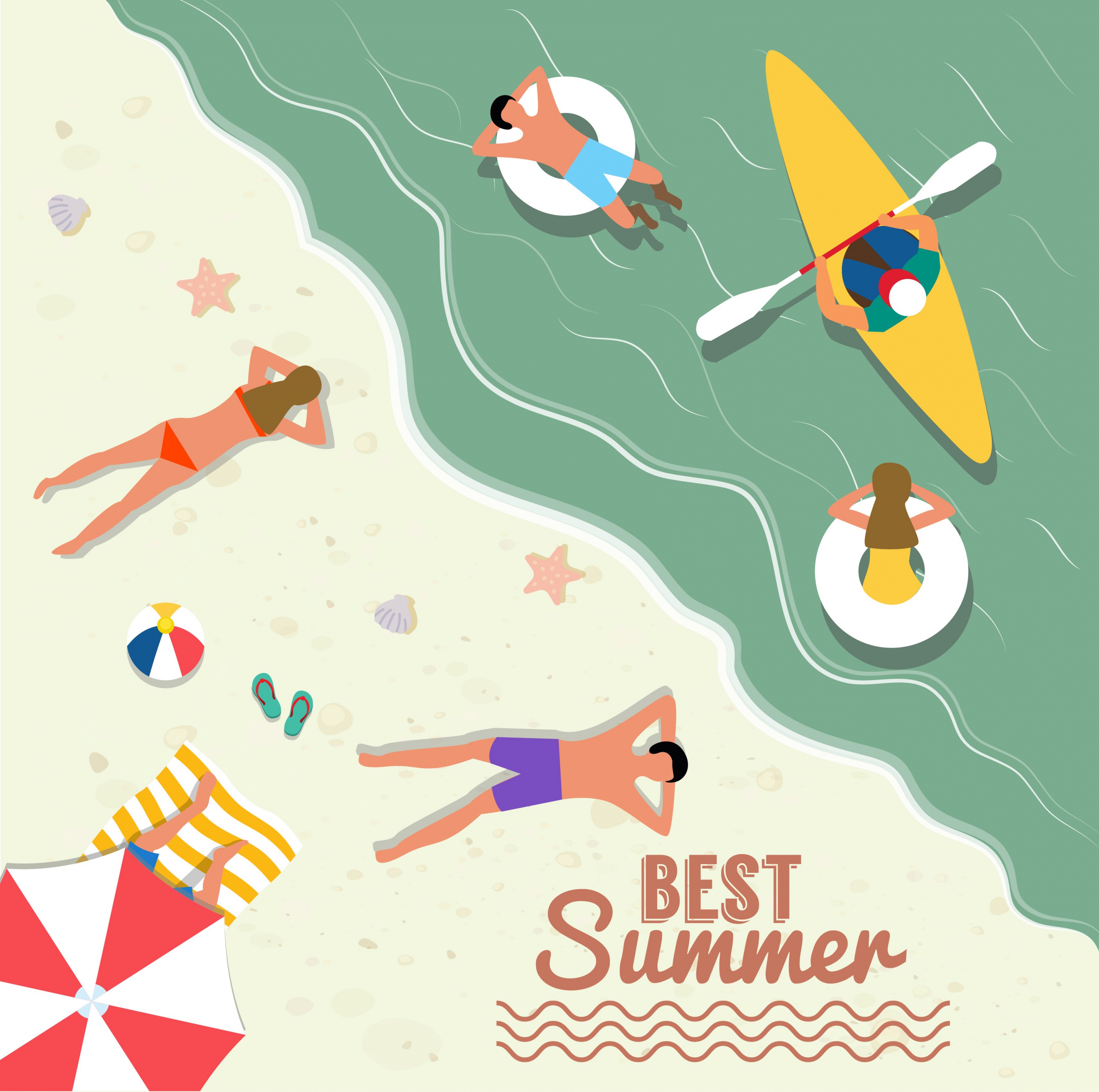 beach summer vacation banner colored cartoon higher view