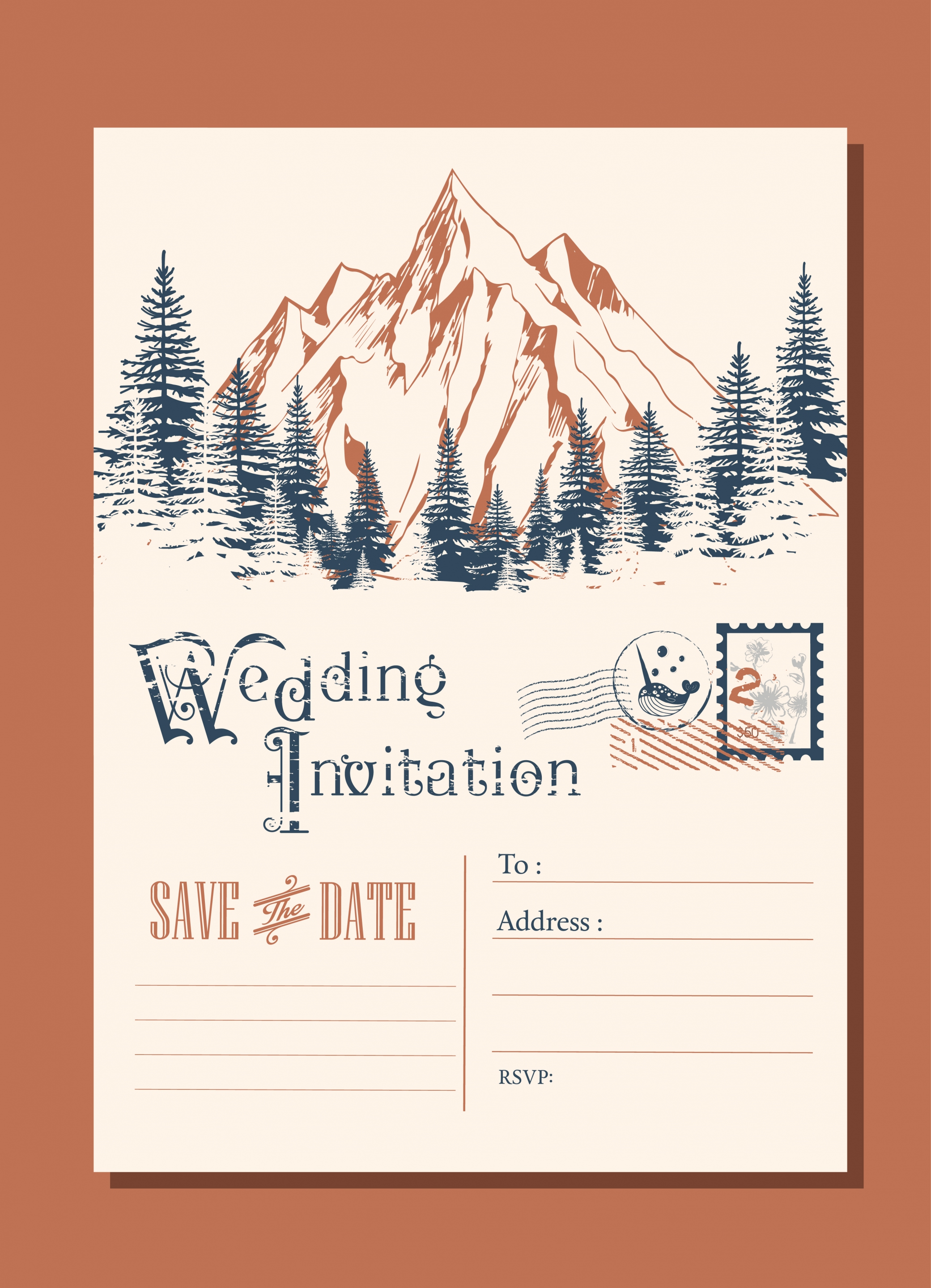 wedding envelop template mountain landscape icon classical design