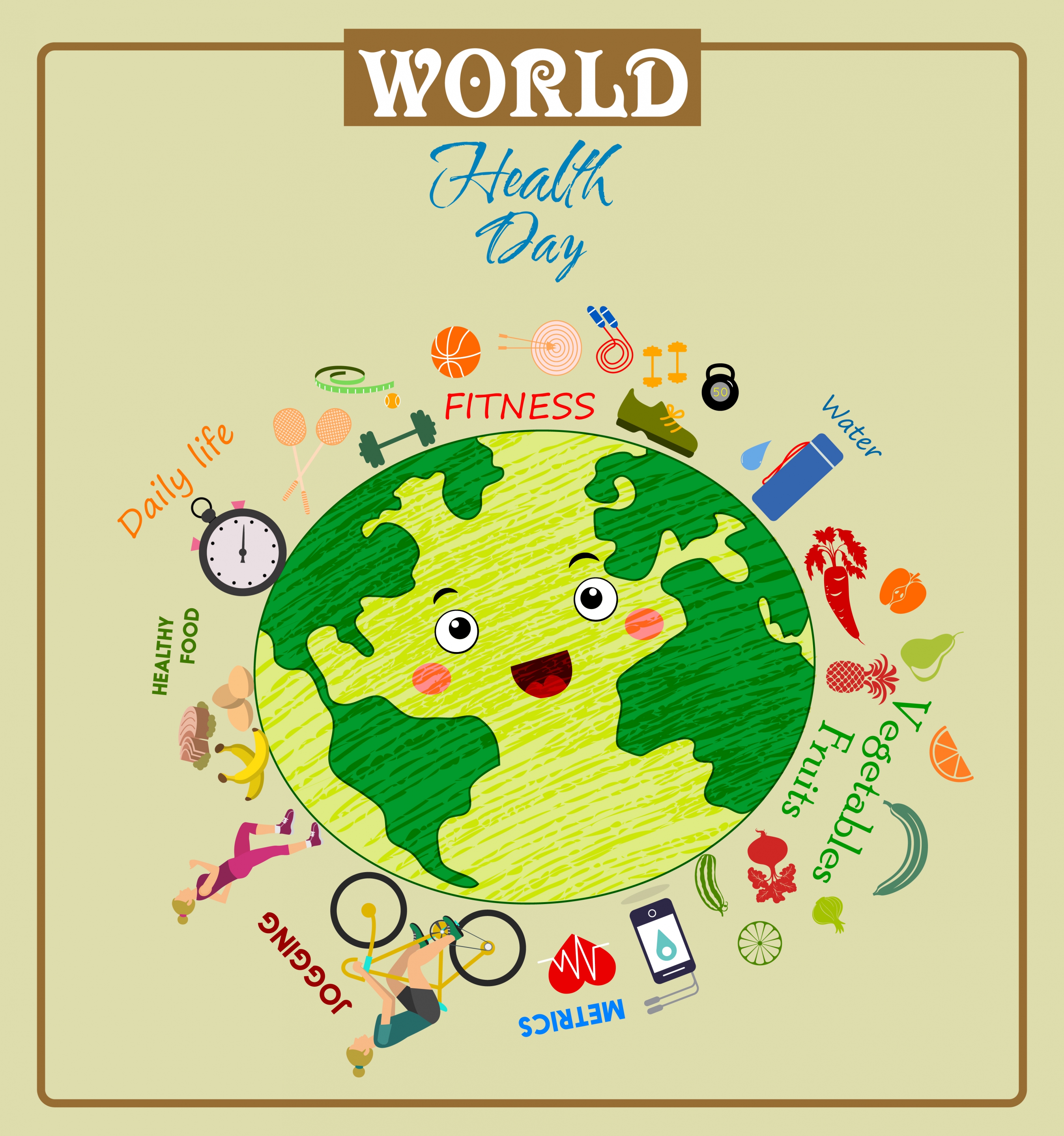 world health day banner earth lifestyle food icons