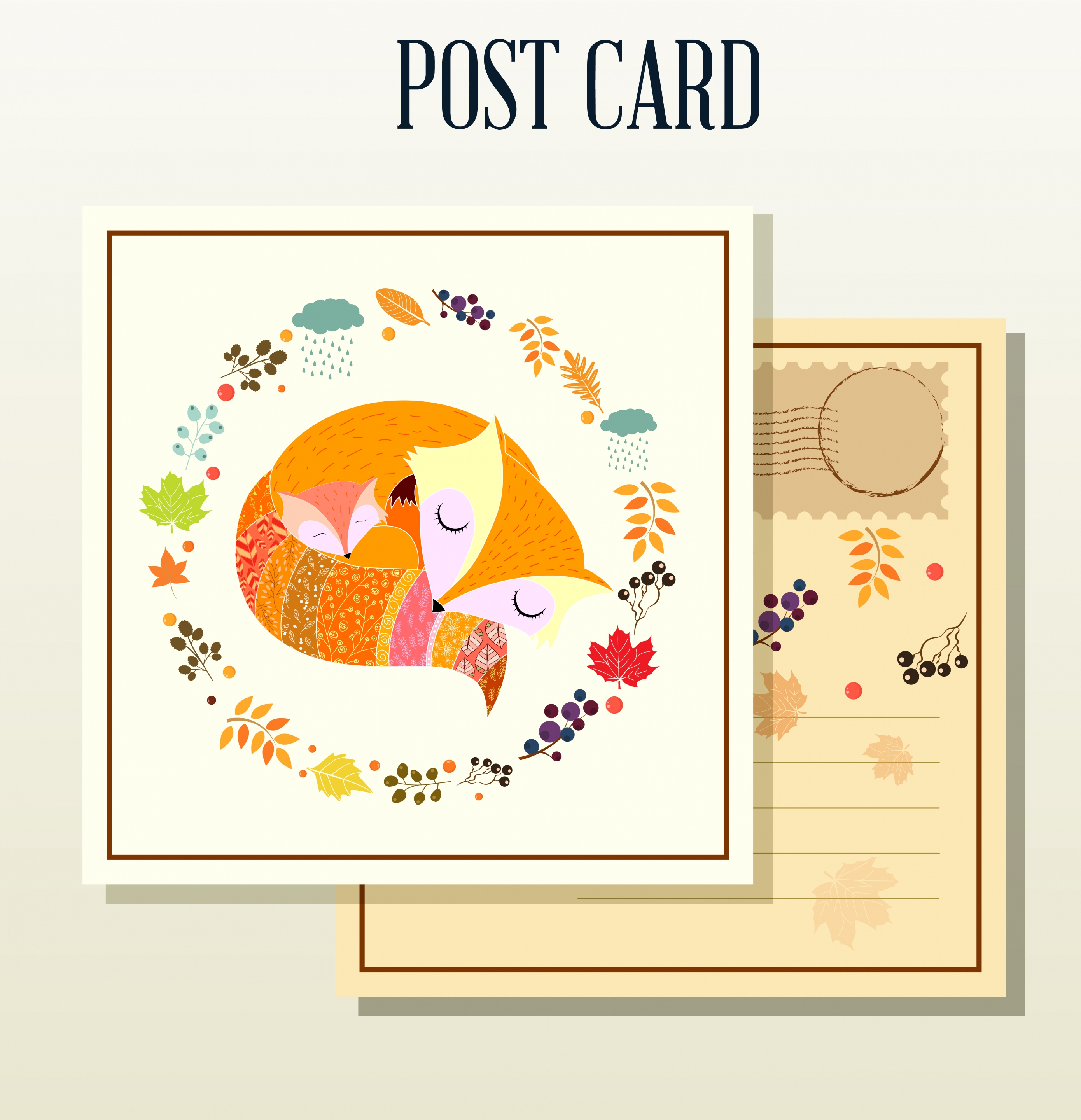 autumn postcard template fox plants icons classical design