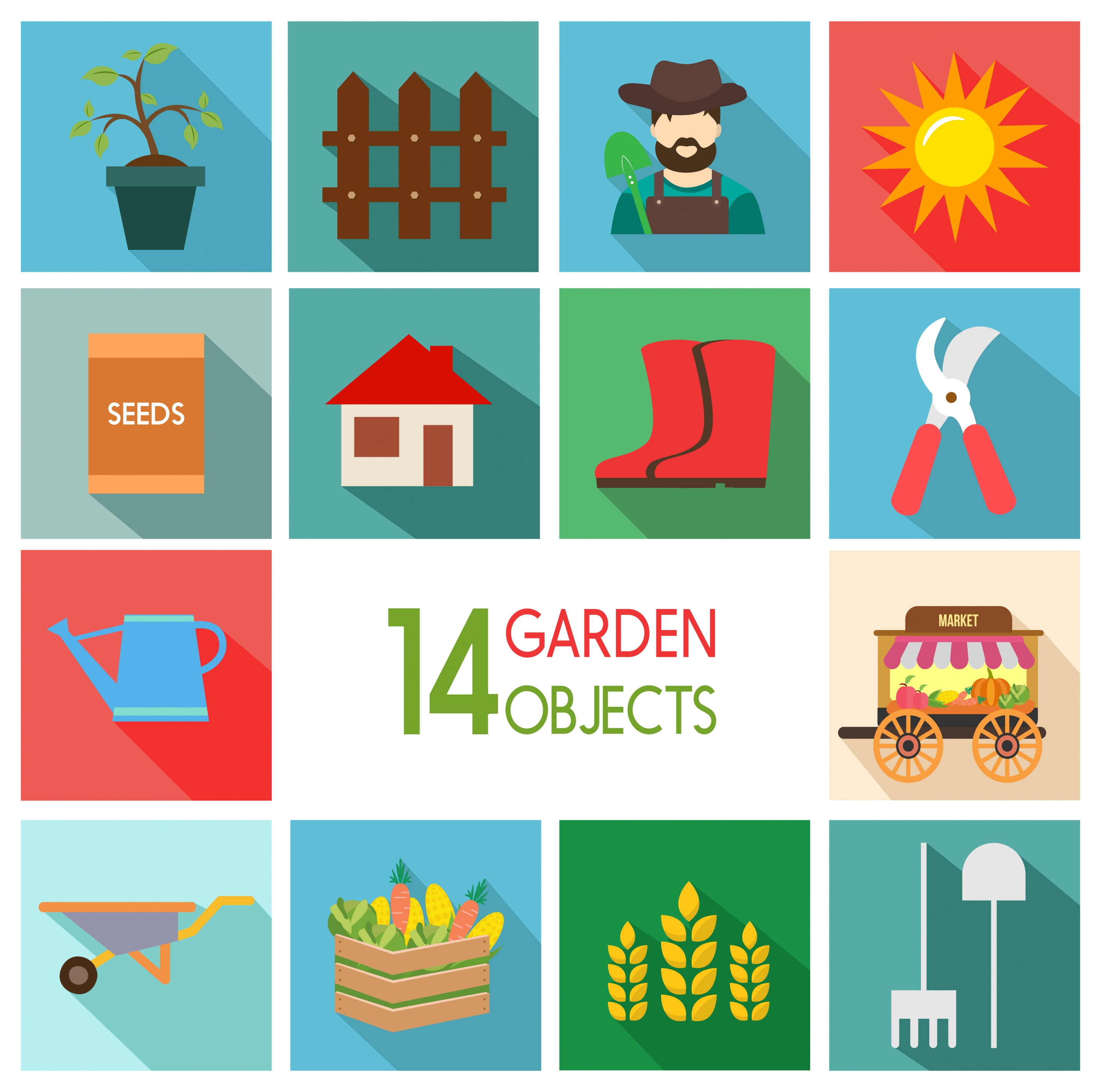 garden design elements colored objects icons isolation