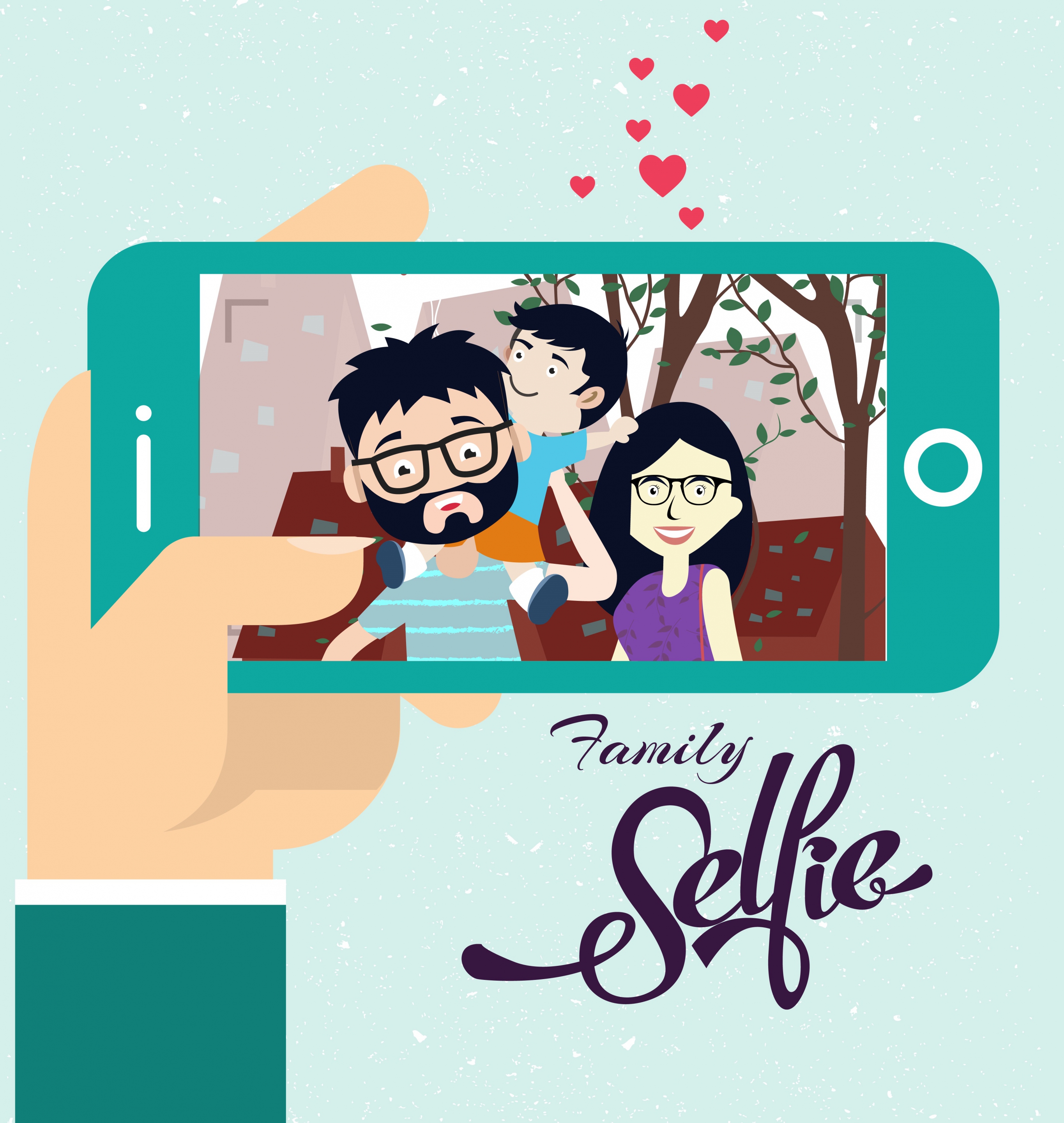 family selfie drawing camera screen cute cartoon design