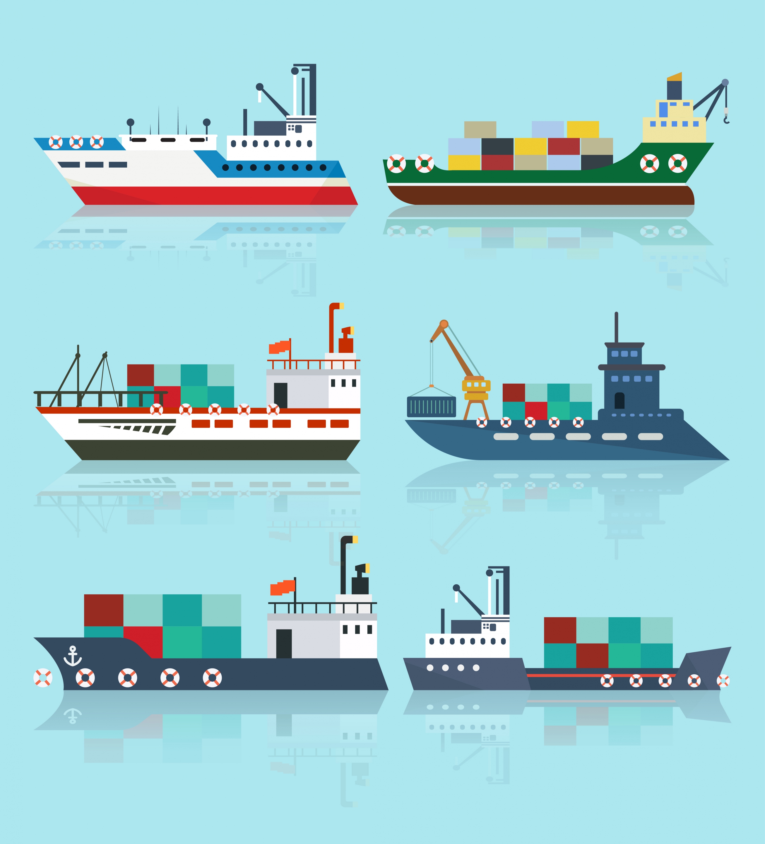 transportation ship icons colored reflection design