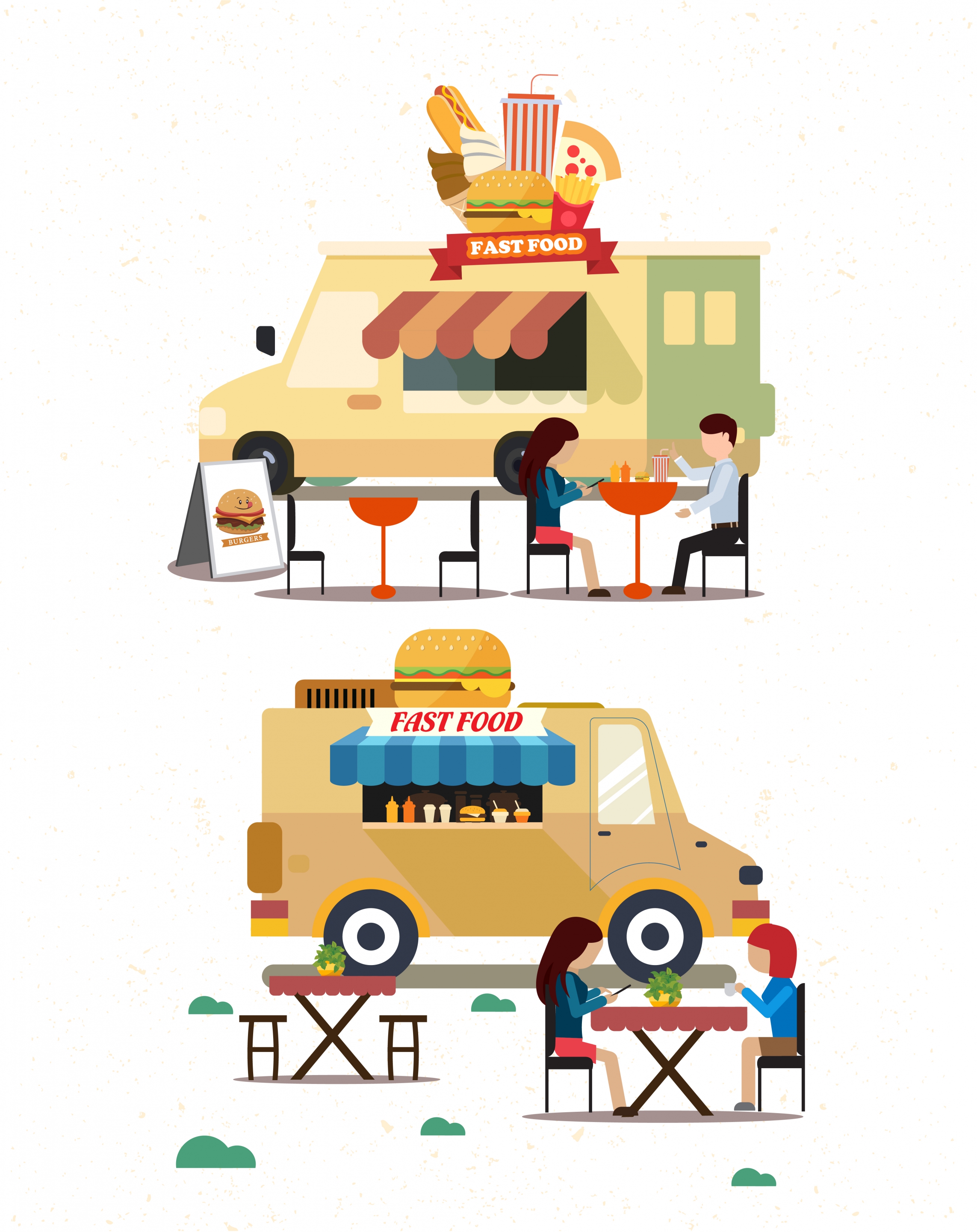 fast food advertising truck guests icons colored cartoon