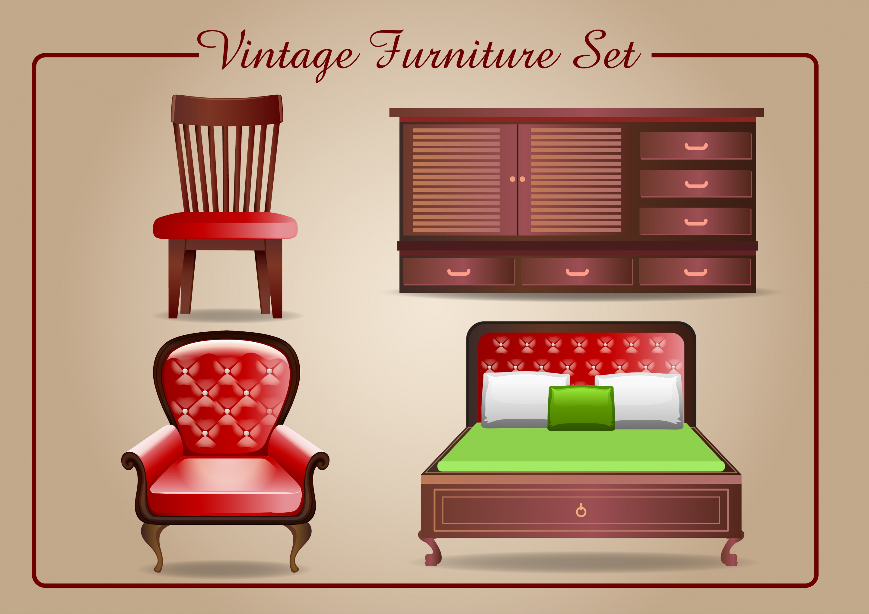 vintage furniture icons shiny 3d design