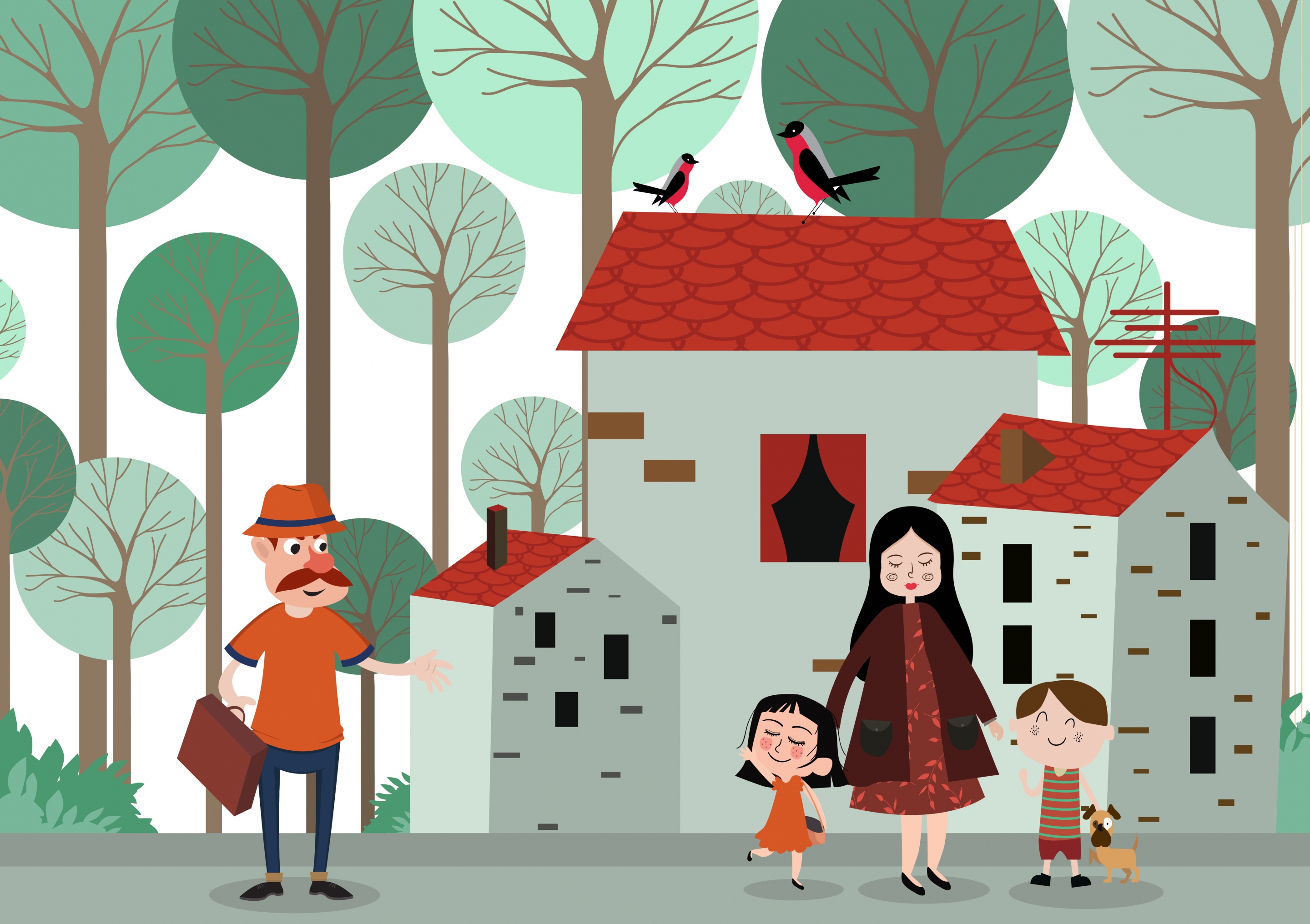 family drawing houses human icons colored cartoon decor