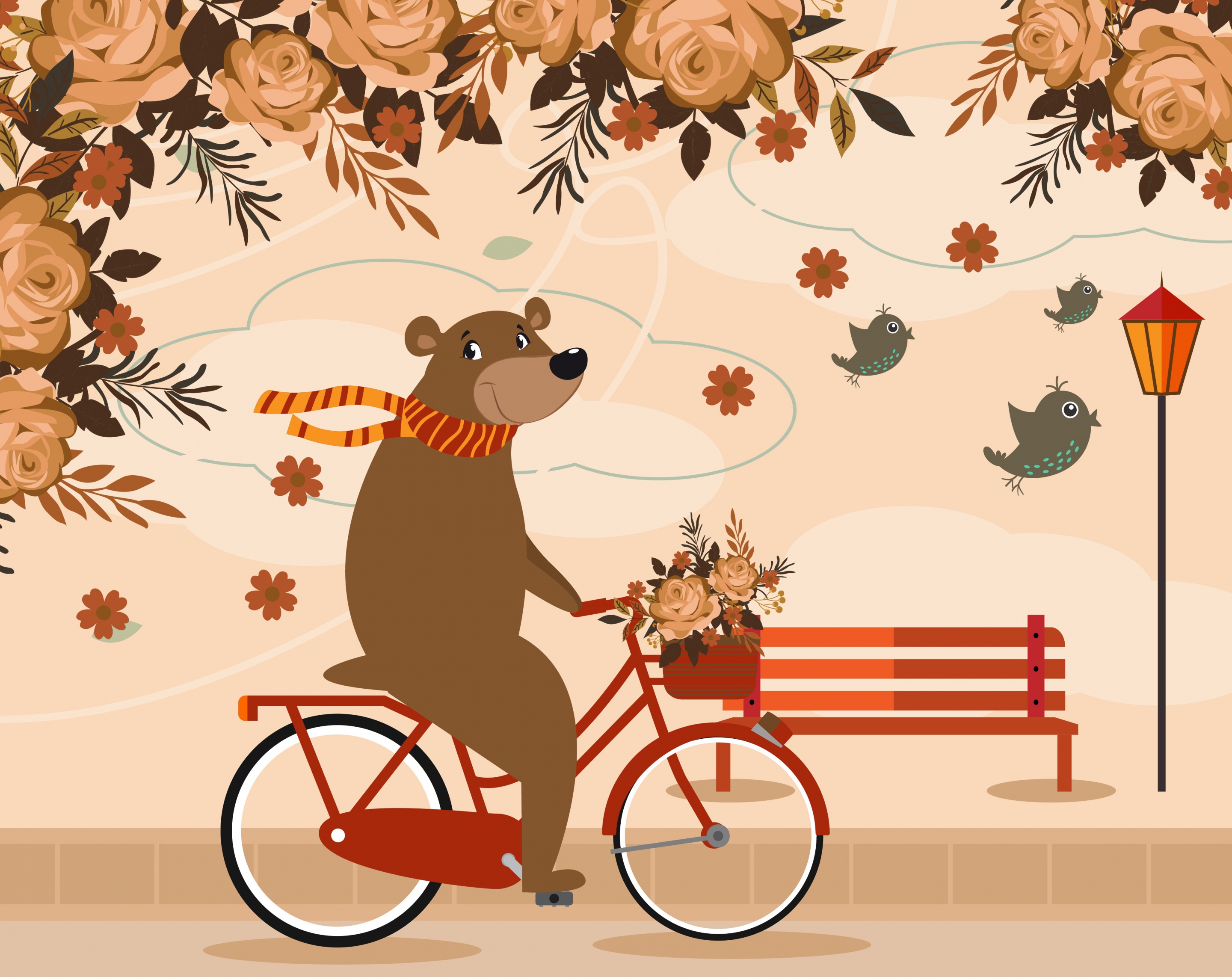 stylized animal drawing bear riding bicycle roses icons