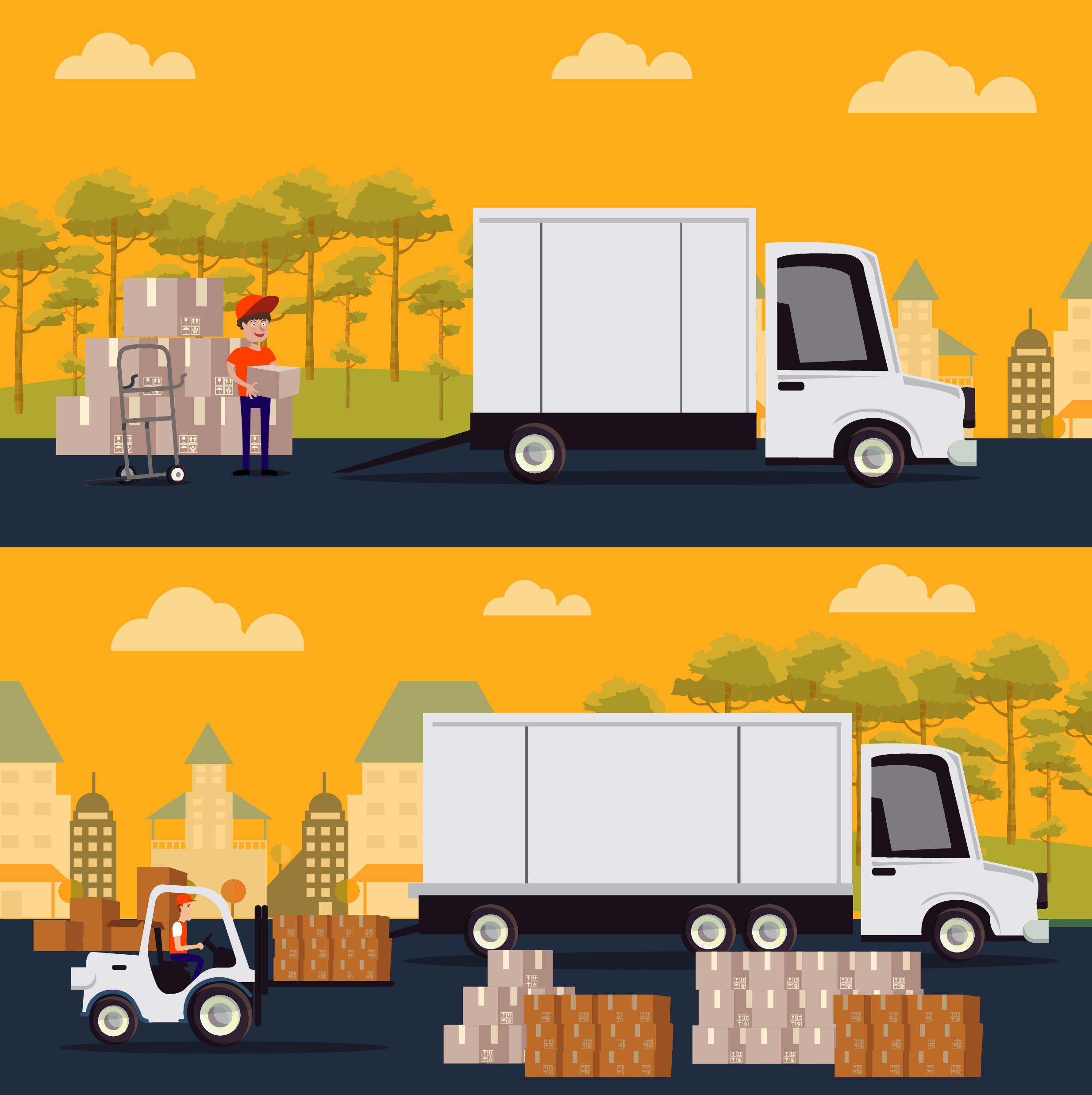 road logistic drawings truck boxes man icons