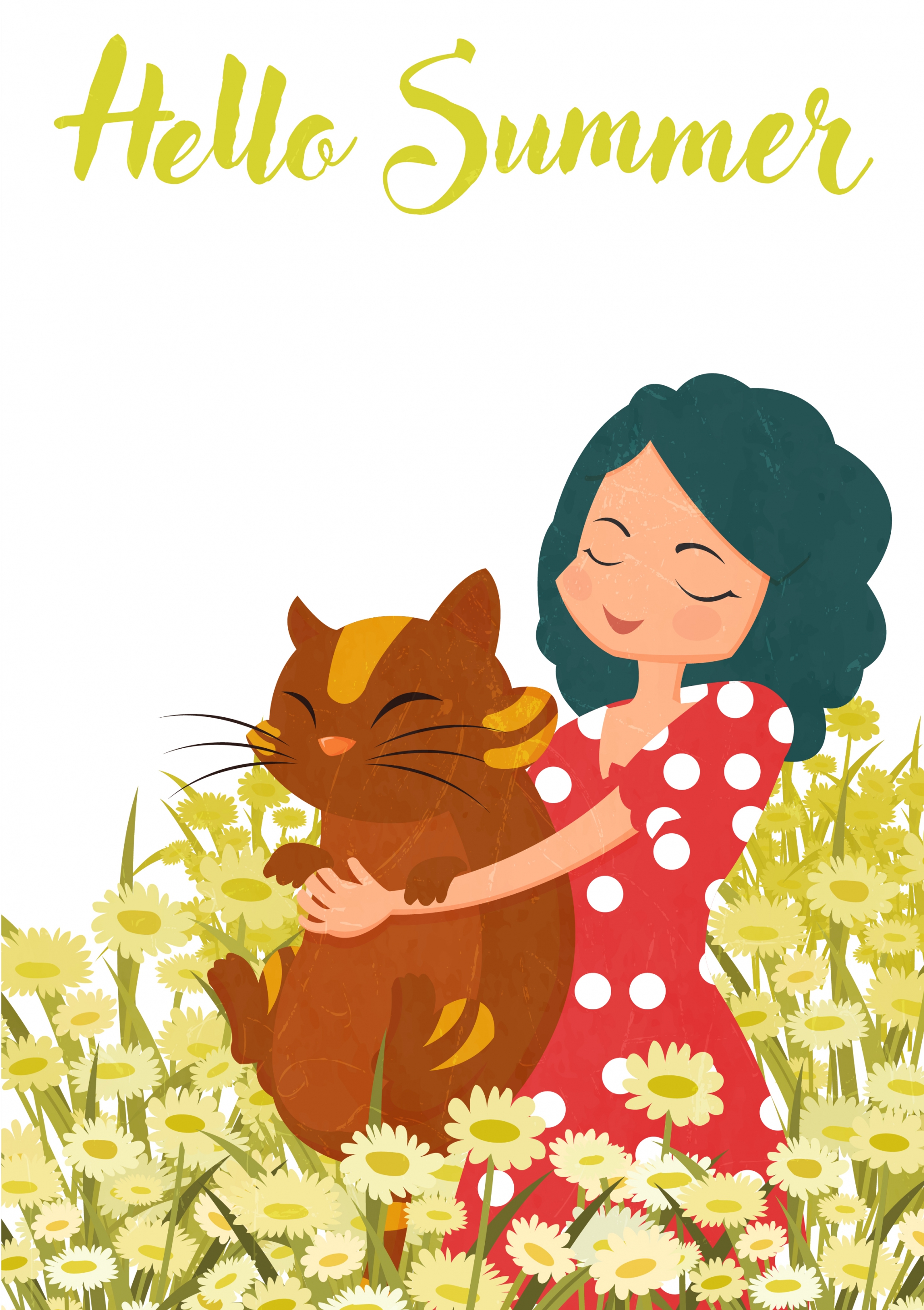 summer drawing flowers field girl pet icons