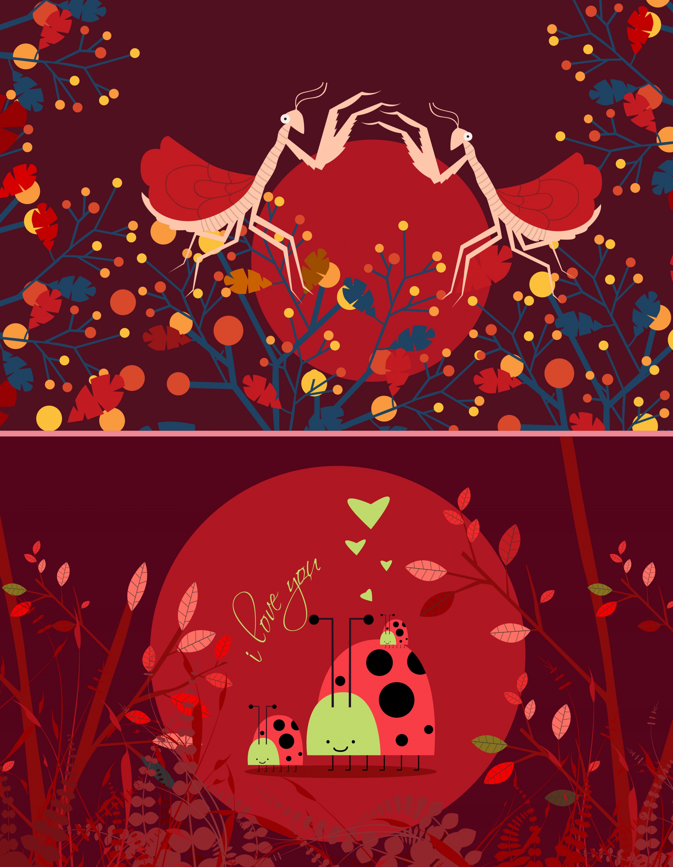 wildlife background dark red design grasshoppers ladybugs icons