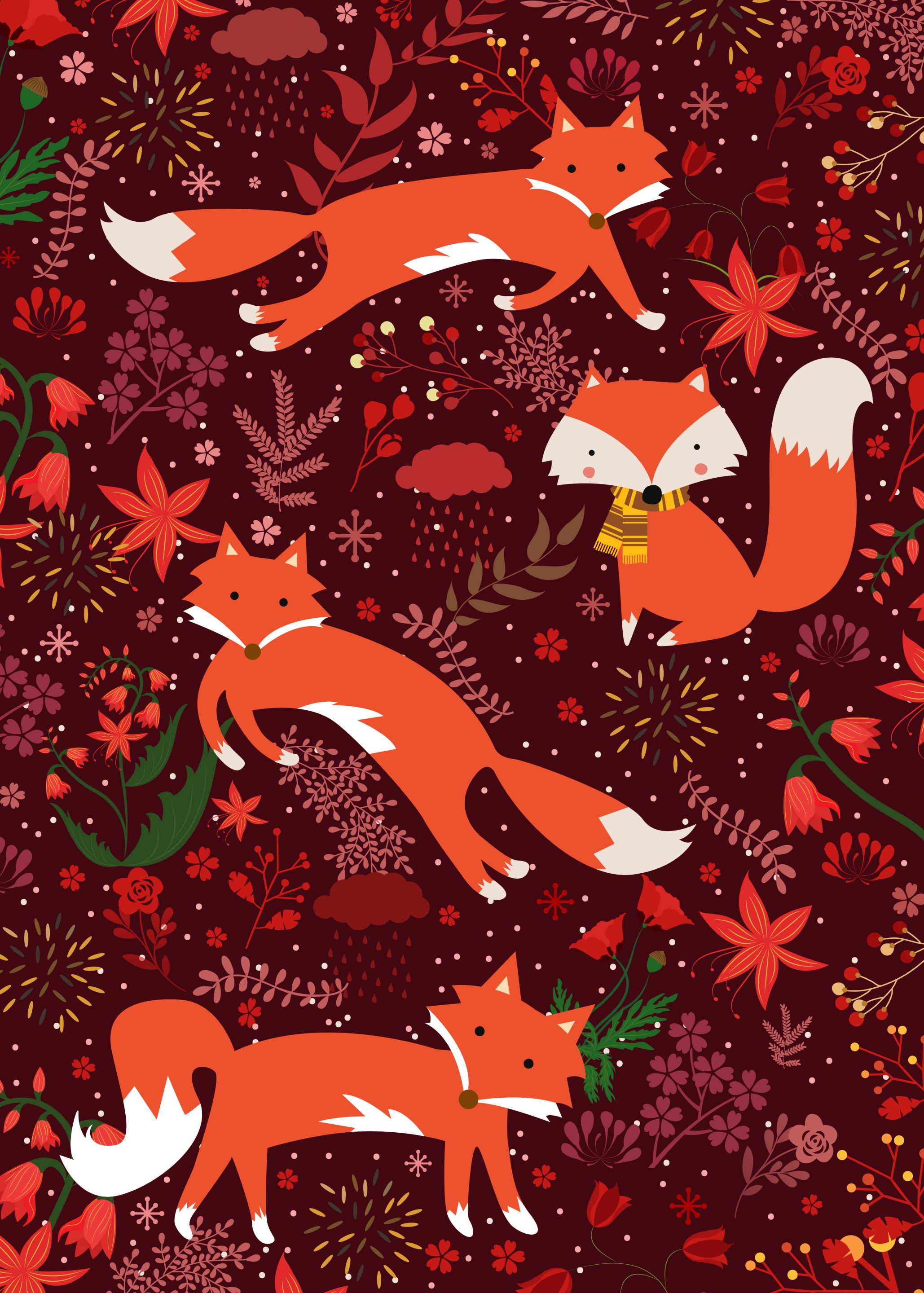 wildlife background red fox flowers icons repeating design