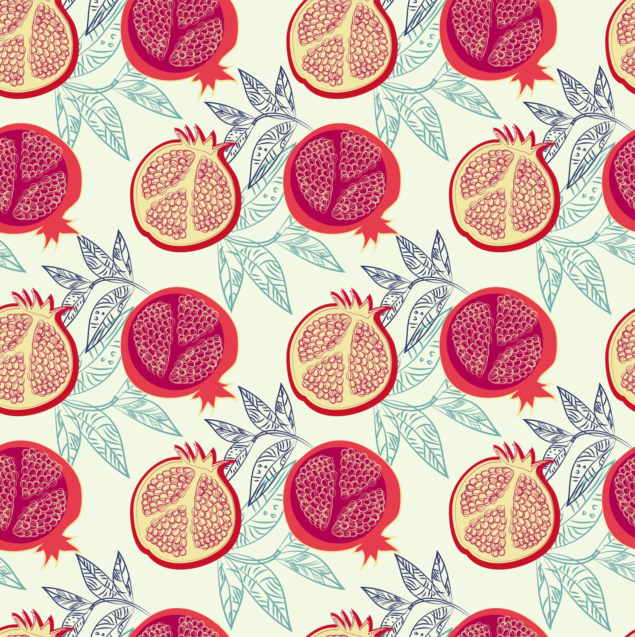 pomegranate background slice leaves icons repeating sketch