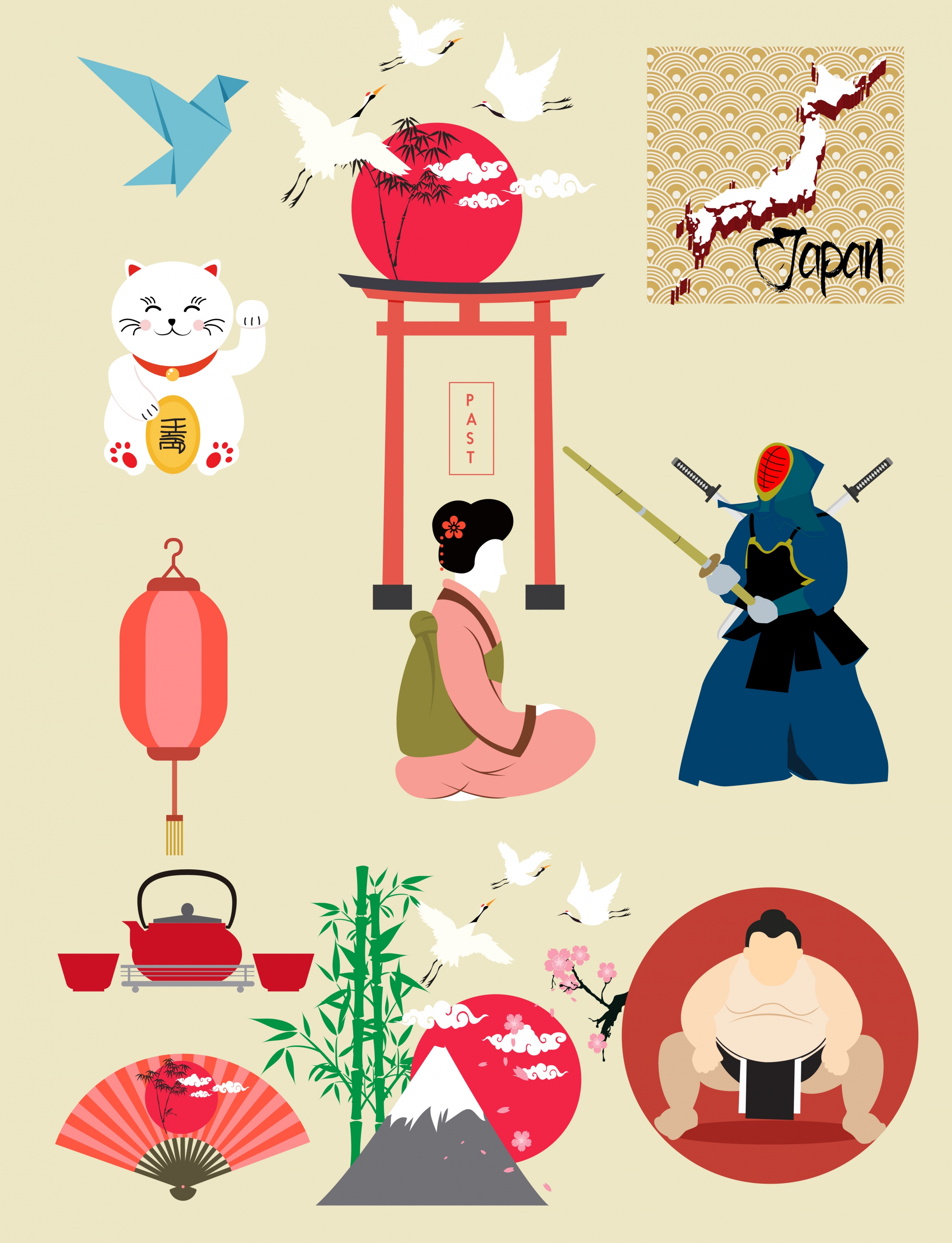 japan design elements various colored symbols