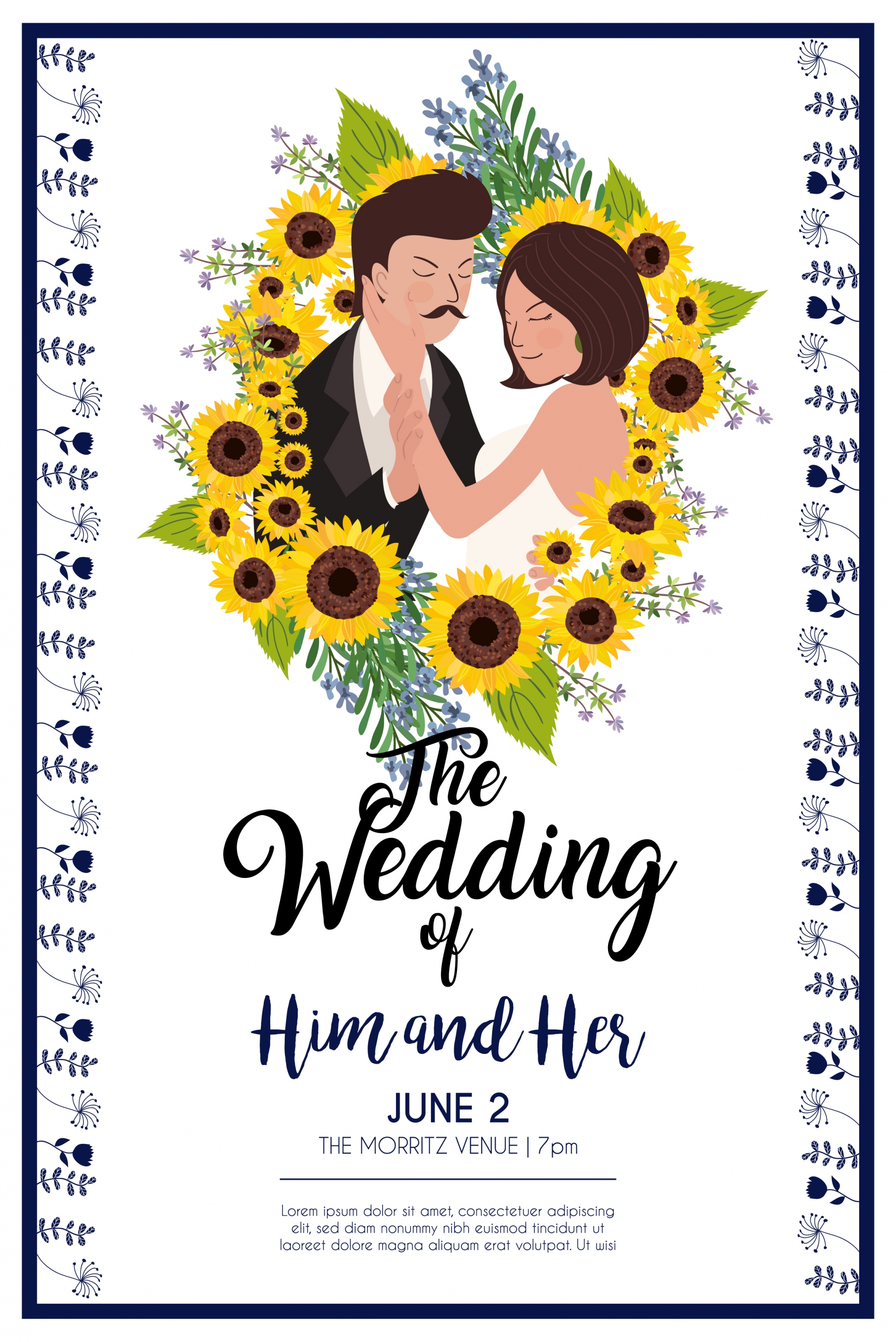 wedding card template groom bride sunflowers icons decor