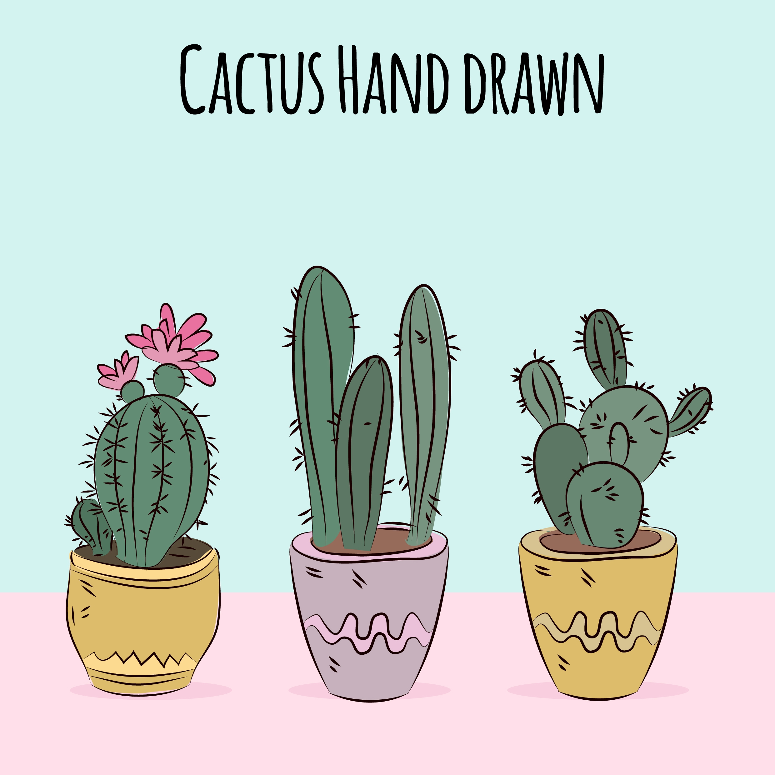 cactus pots drawing multicolored handdrawn decor