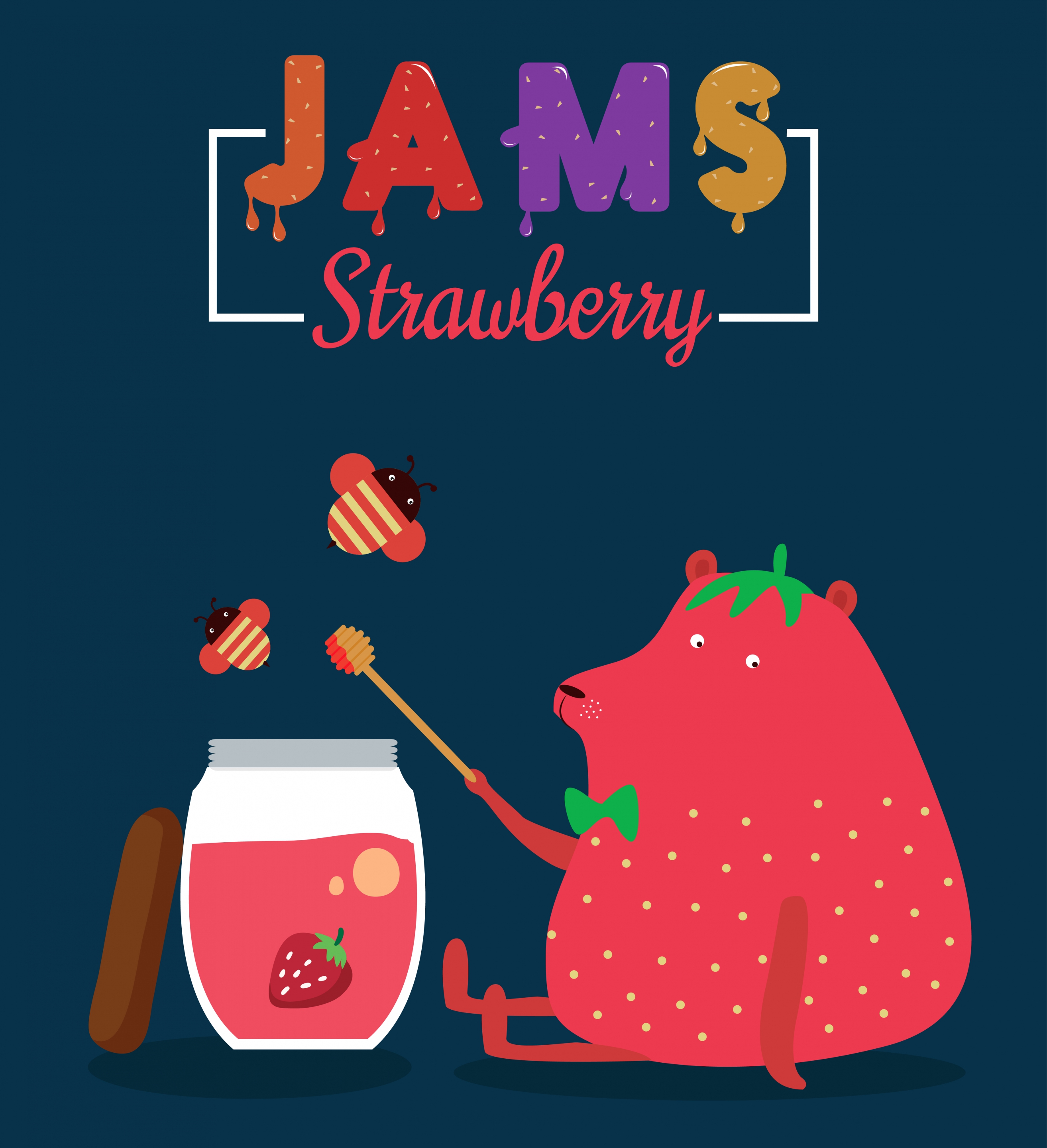 strawberry jam advertising bear honeybees icons colorful design