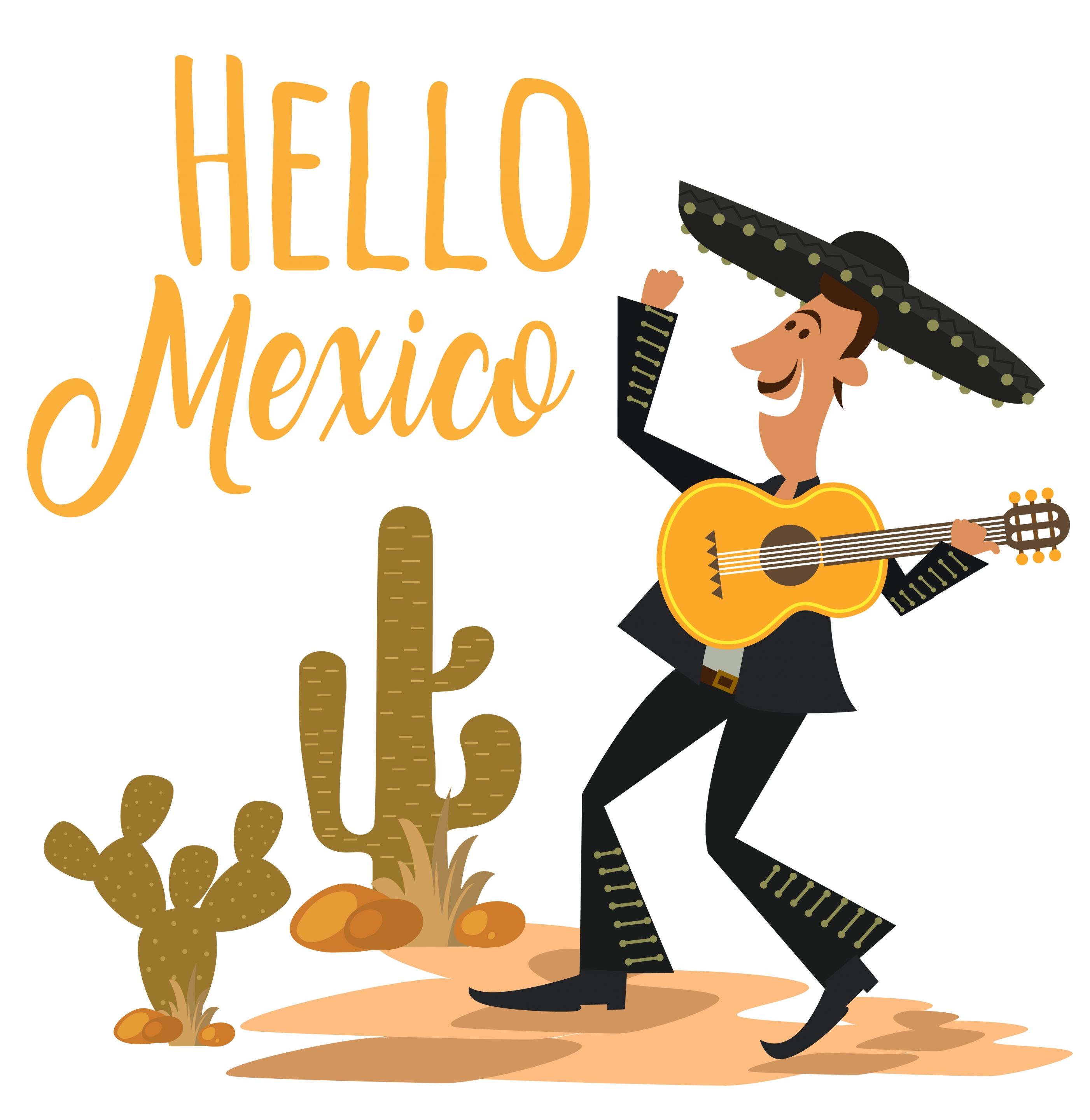 mexico banner male guitarist cactus icons calligraphic design