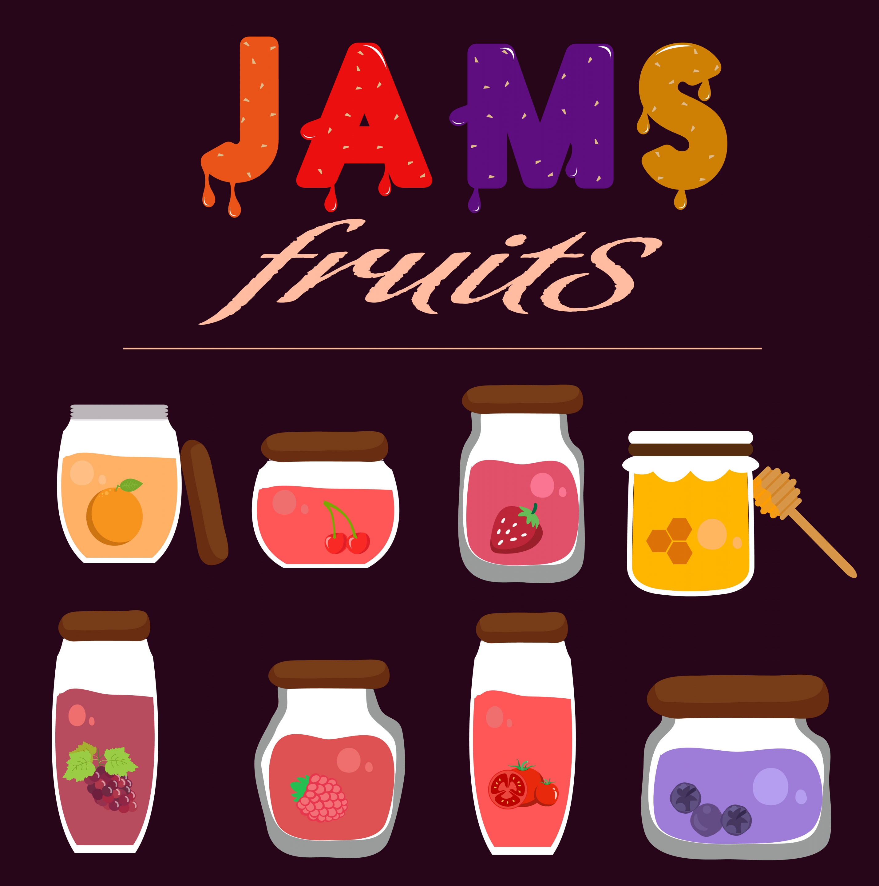 fruit jams advertising glass jar icons isolation