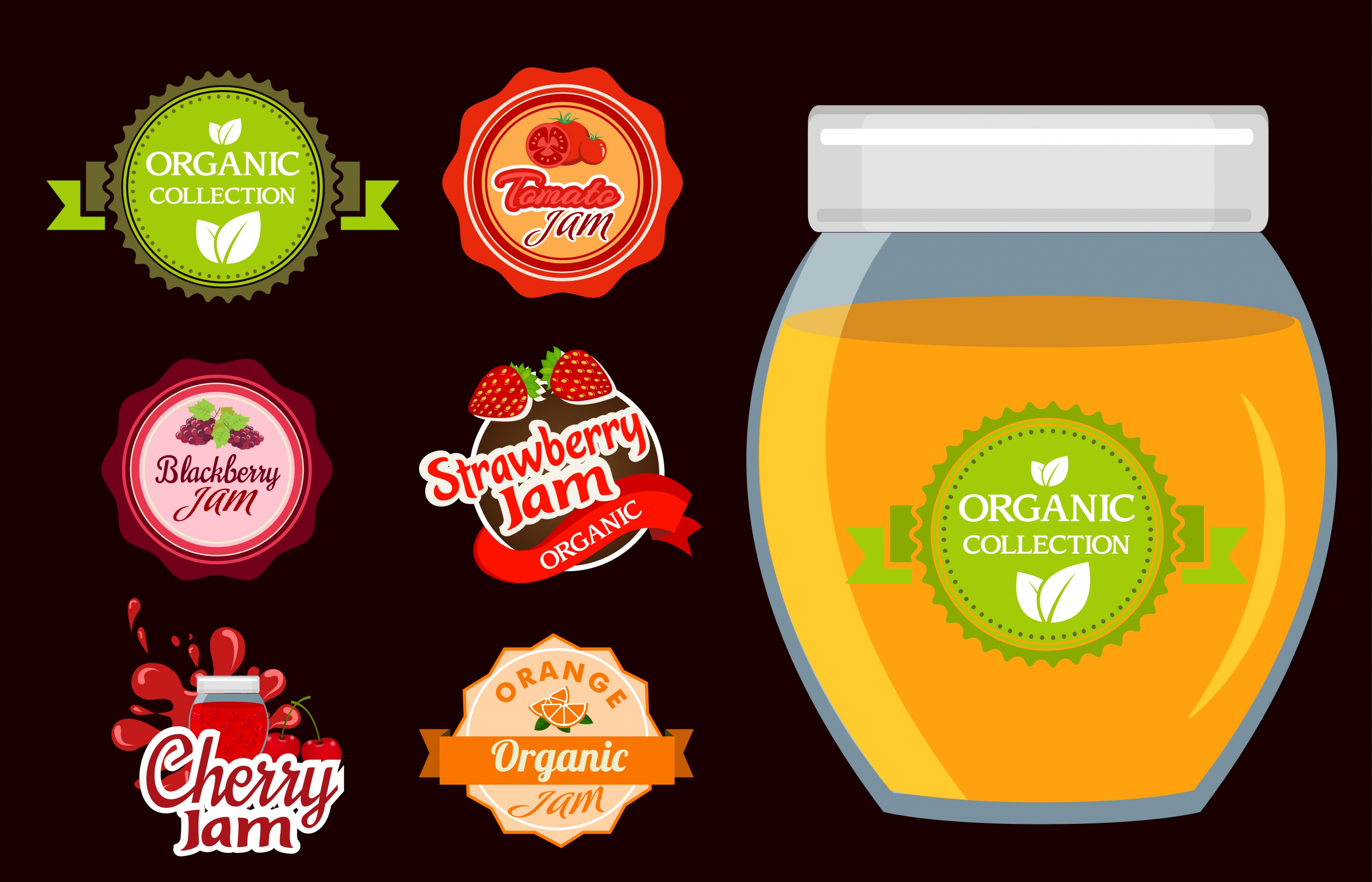 organic jam advertisement various fruit seals icons