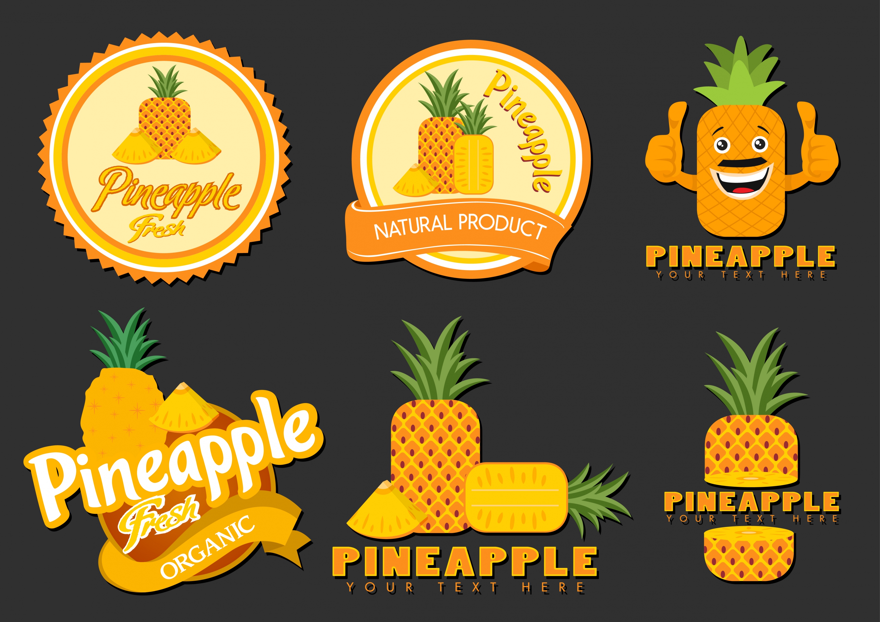 pineapple logotypes yellow icons various shapes isolation