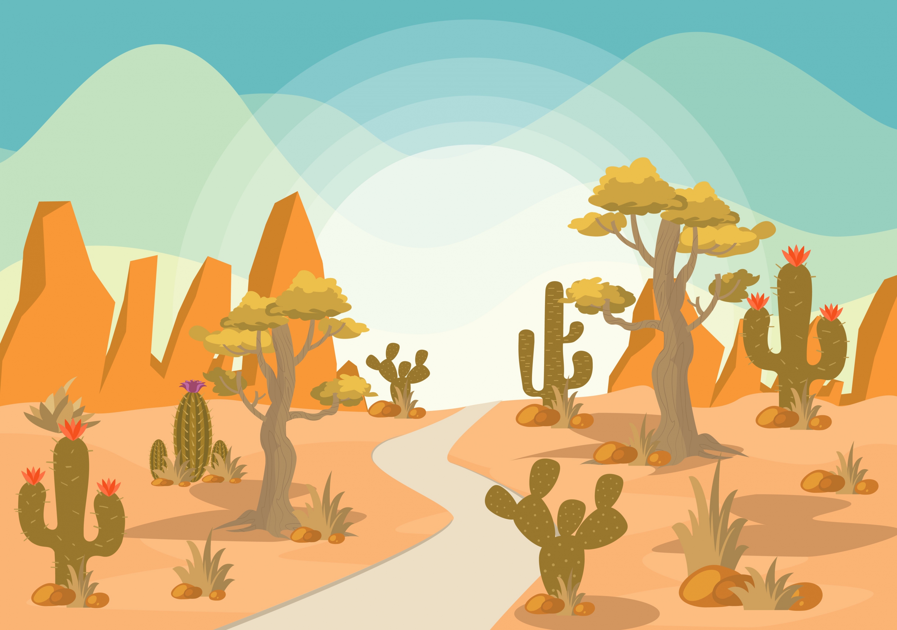 desert landscape drawing colored cartoon design cactus icons