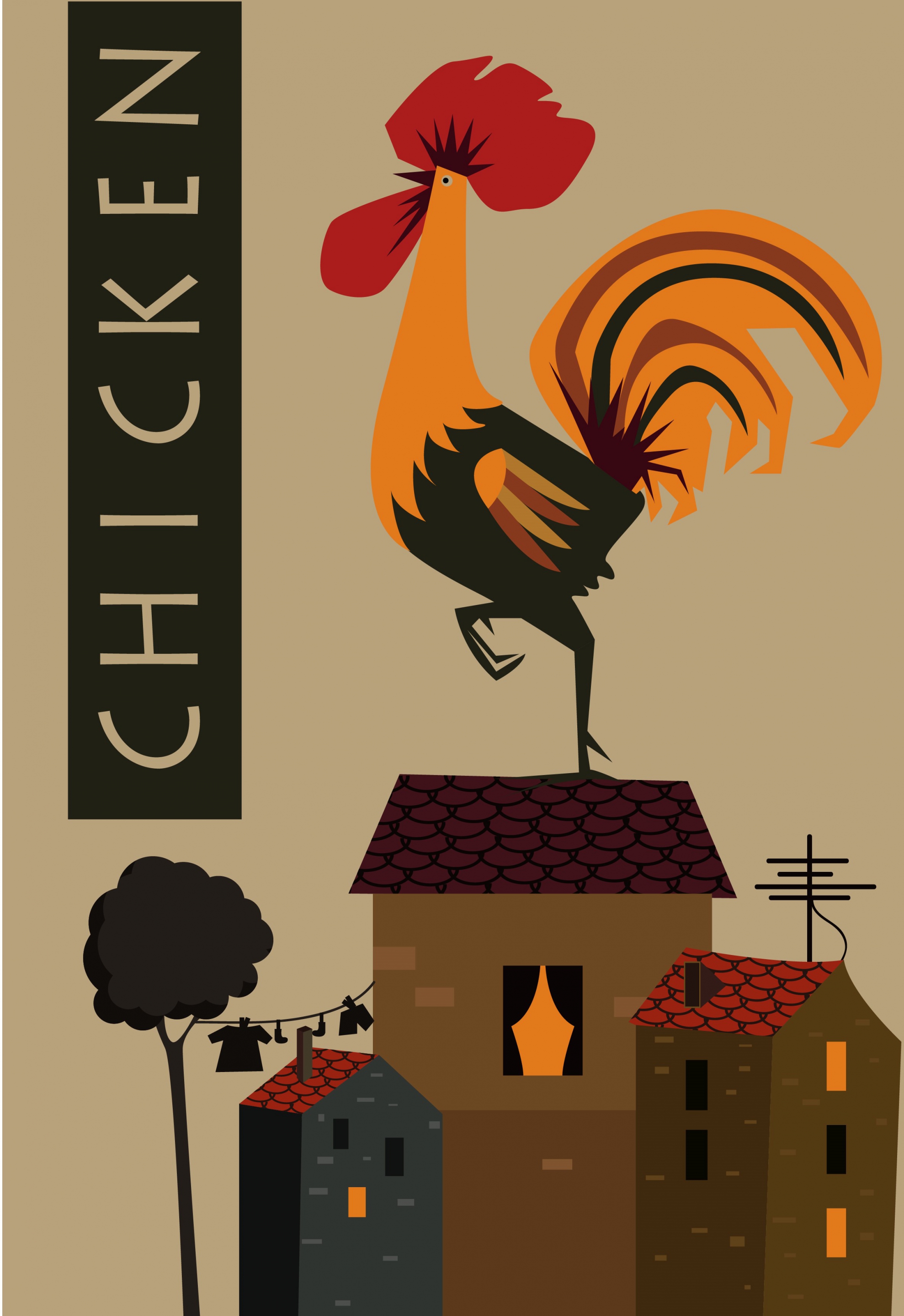 chicken theme background rooster building icons retro design