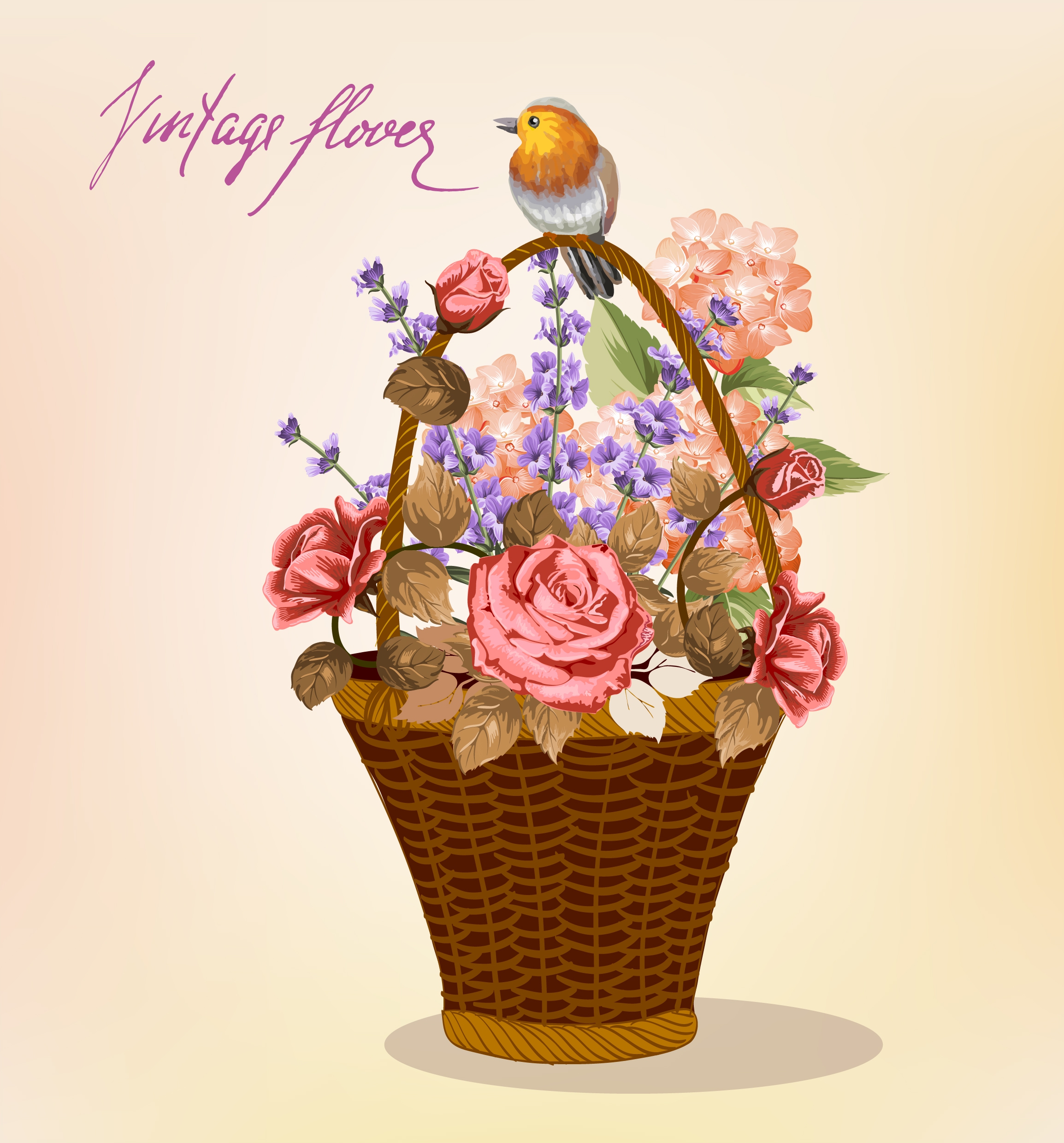 flowers basket painting small bird decoration