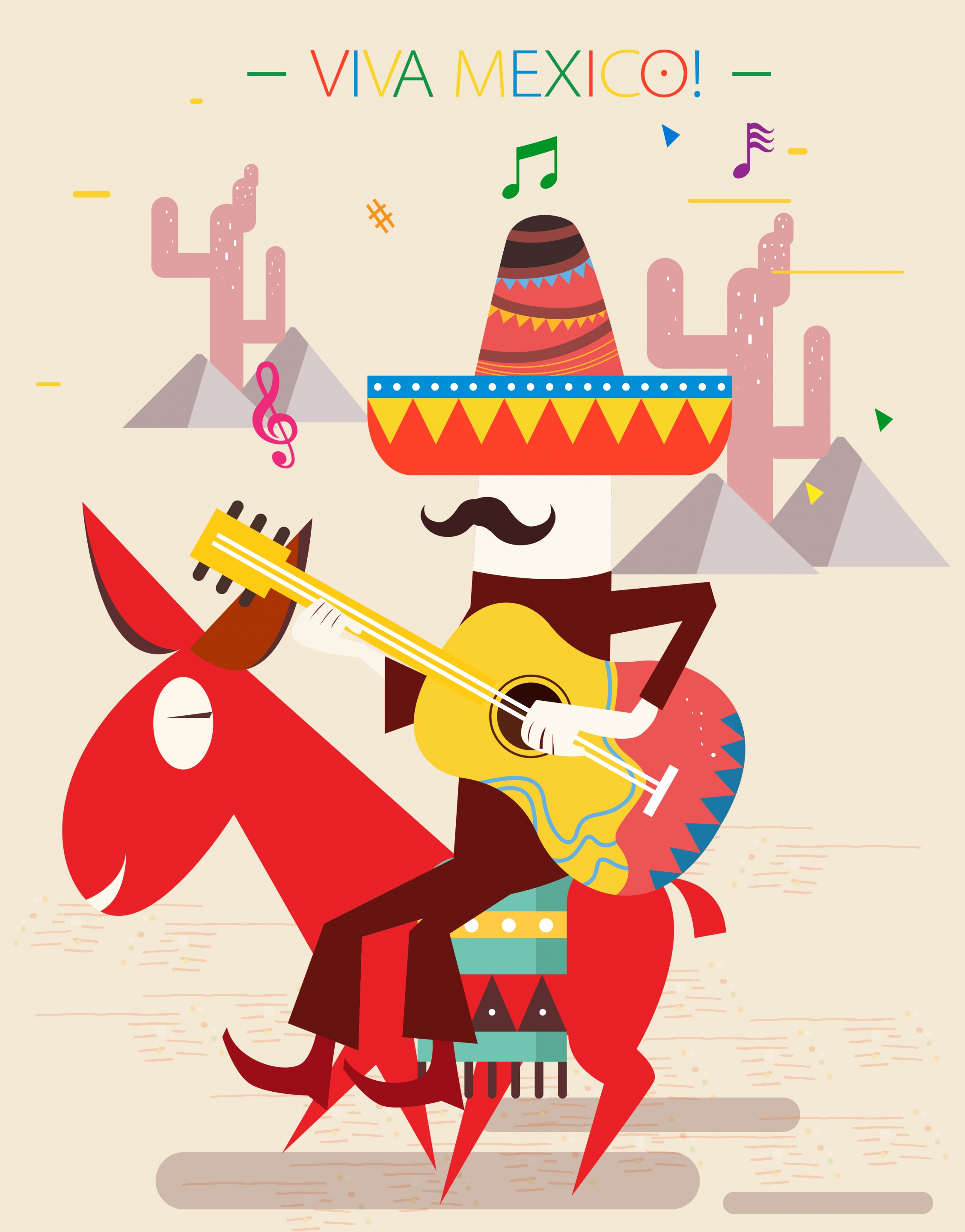 mexico background guitarist donkey icon colorful design