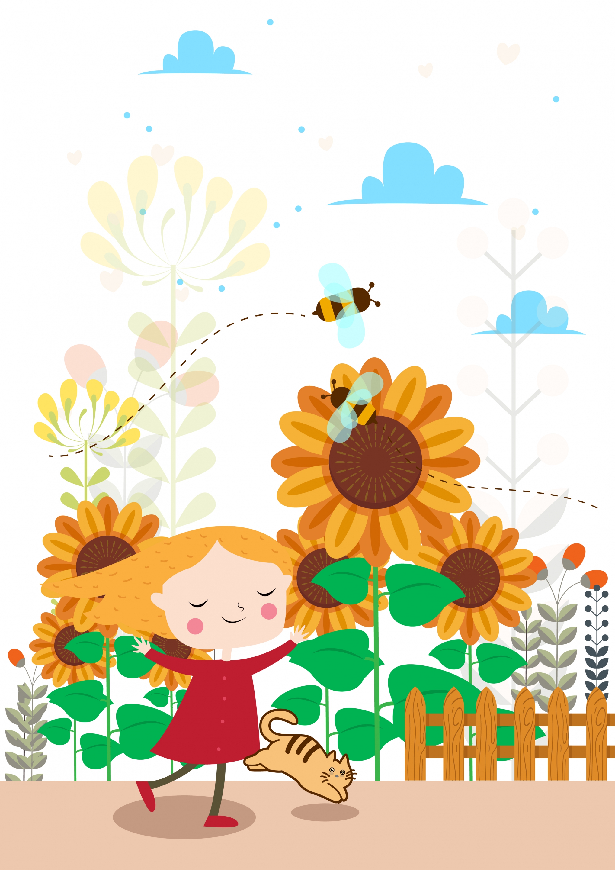 childhood background joyful girl kitty honeybees sunflowers icons