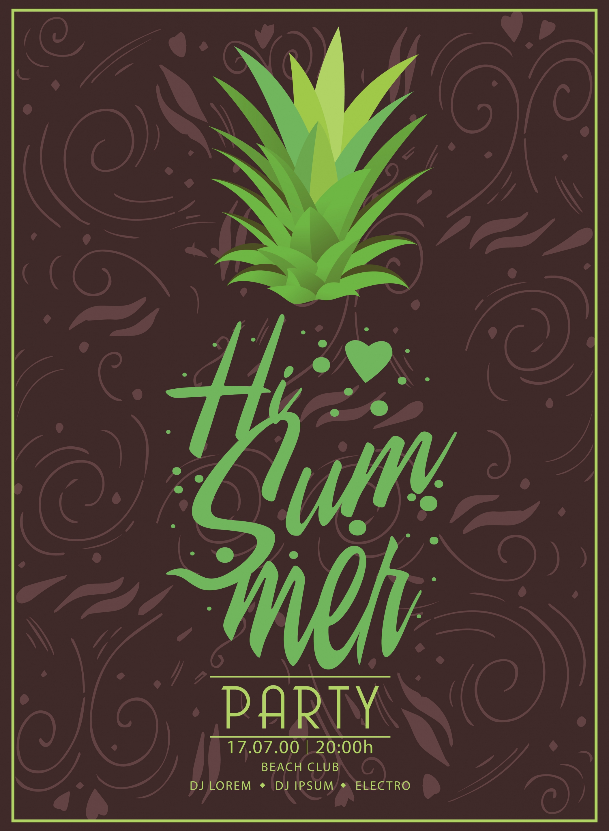 summer party banner green pineapple icon dark design