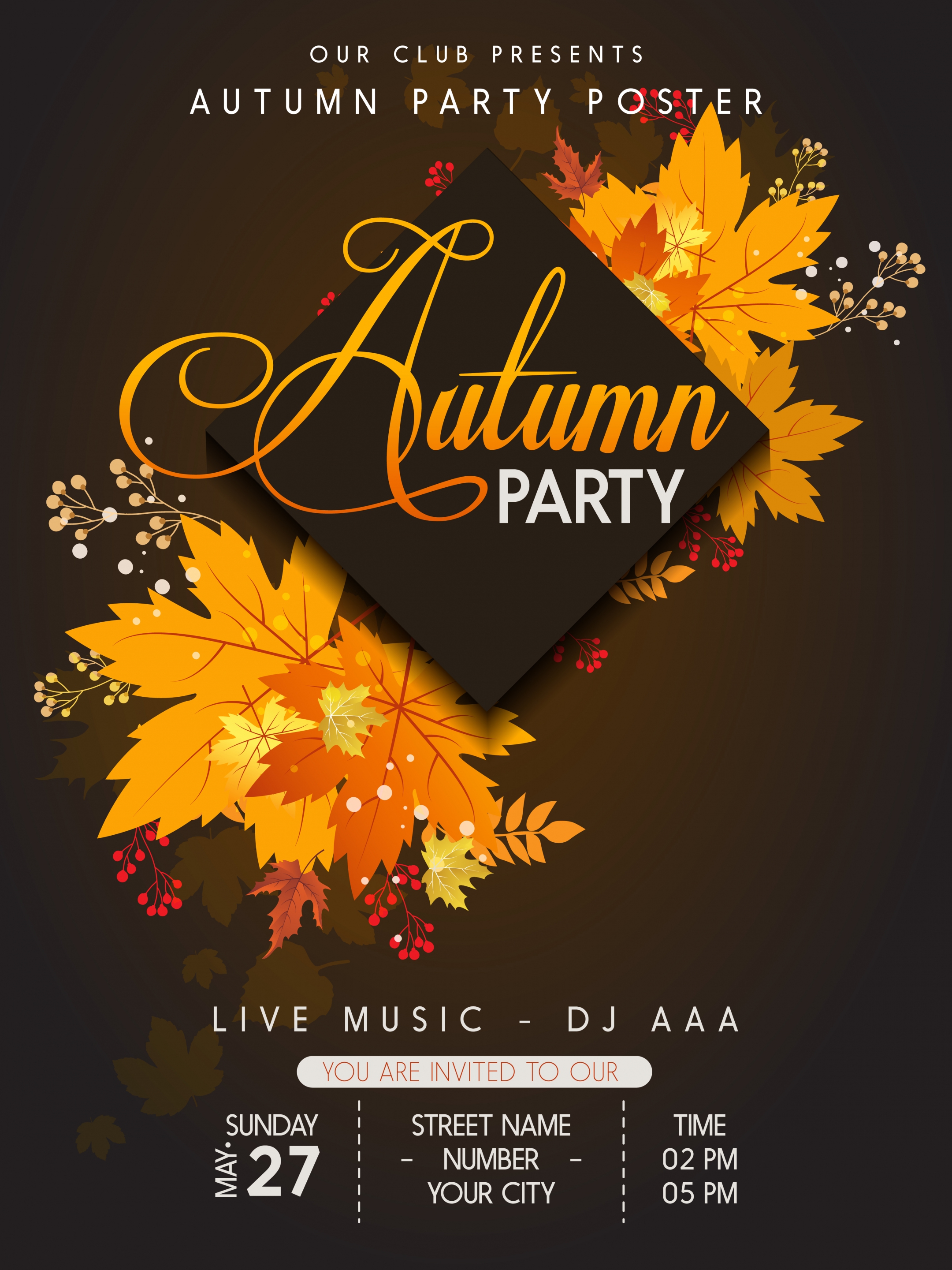 autumn party poster yellow leaves decoration dark design