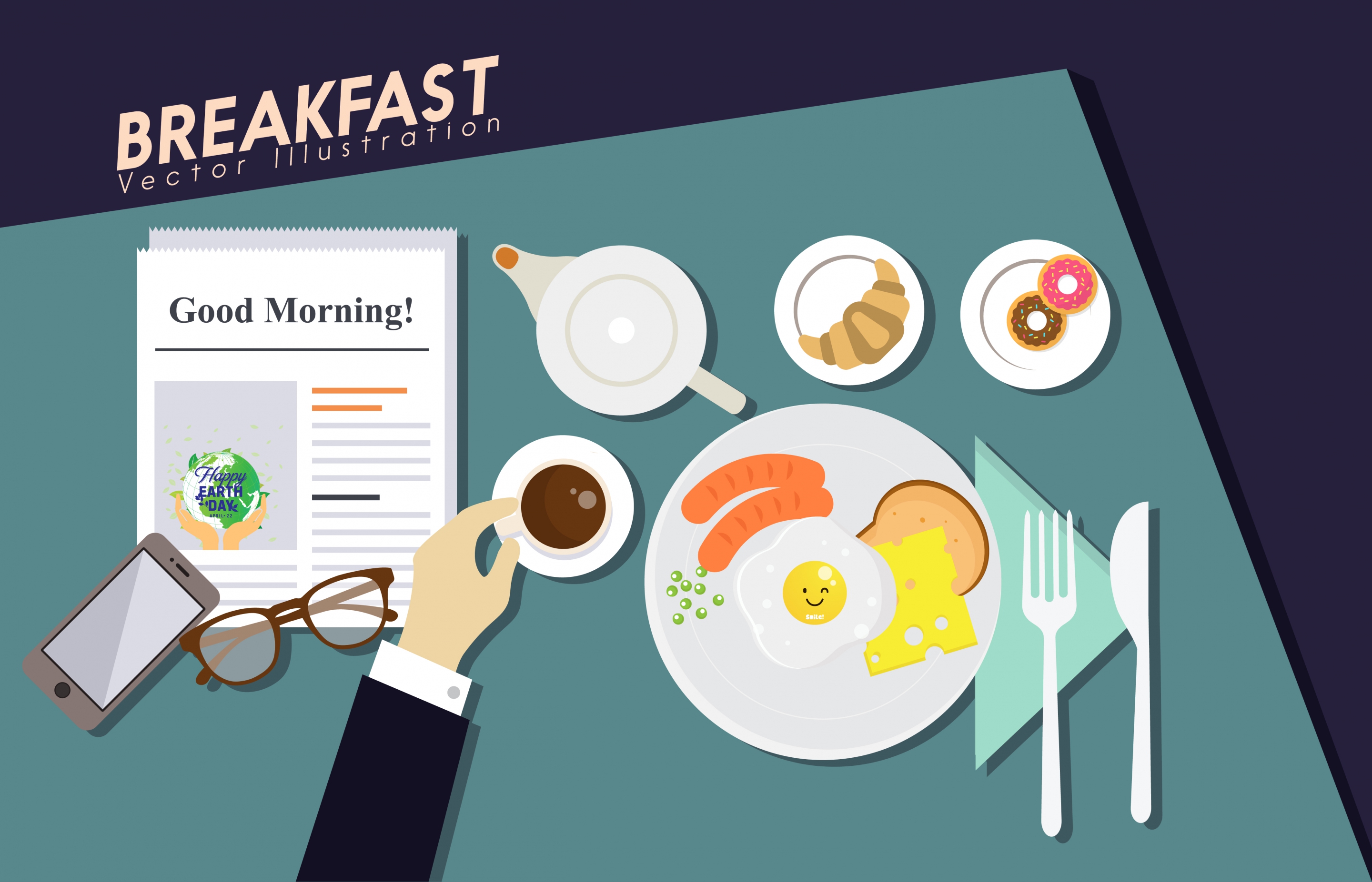 breakfast background fast food tea hand icons