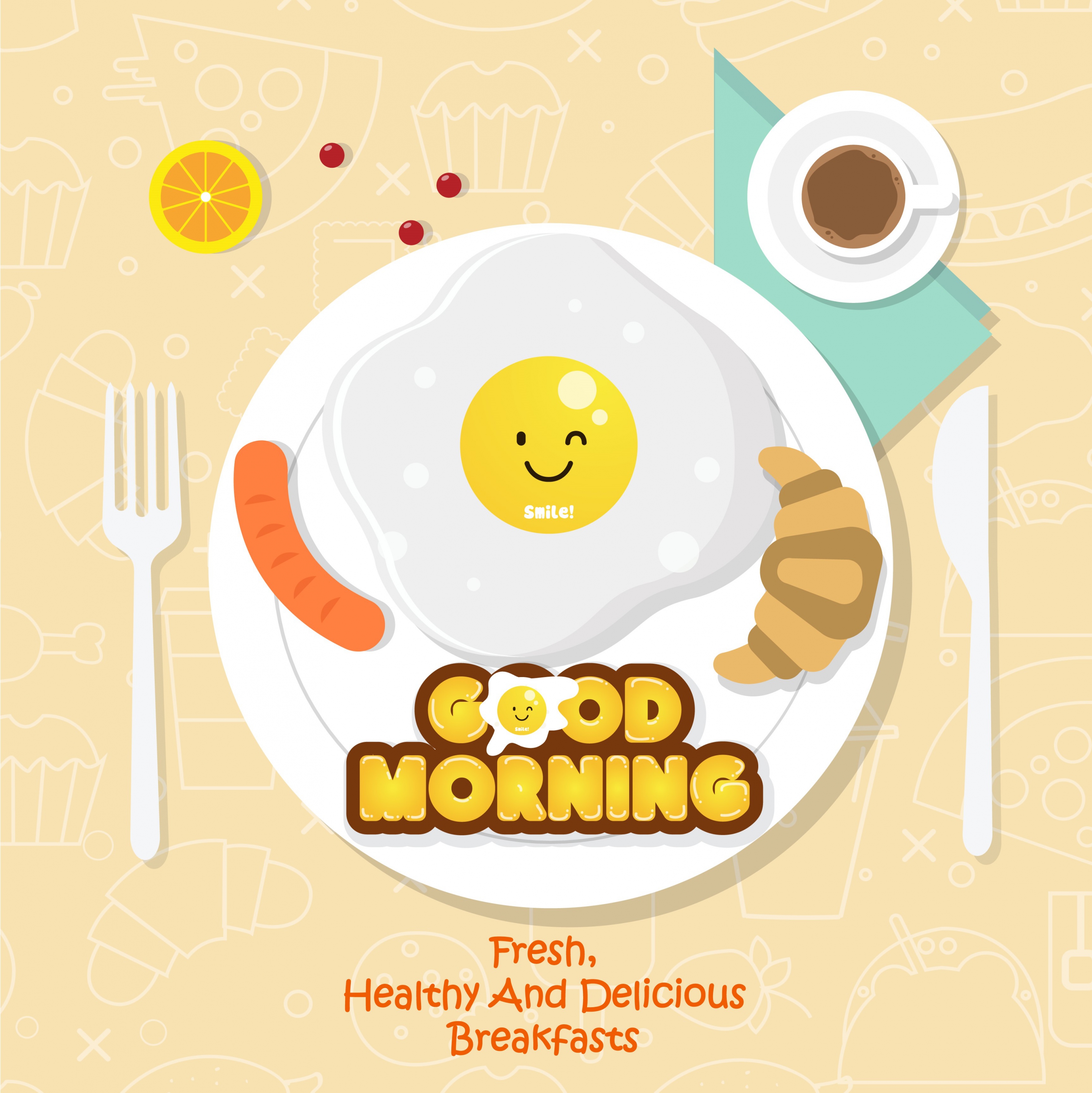 breakfast advertisement dishware stylized food icons decor