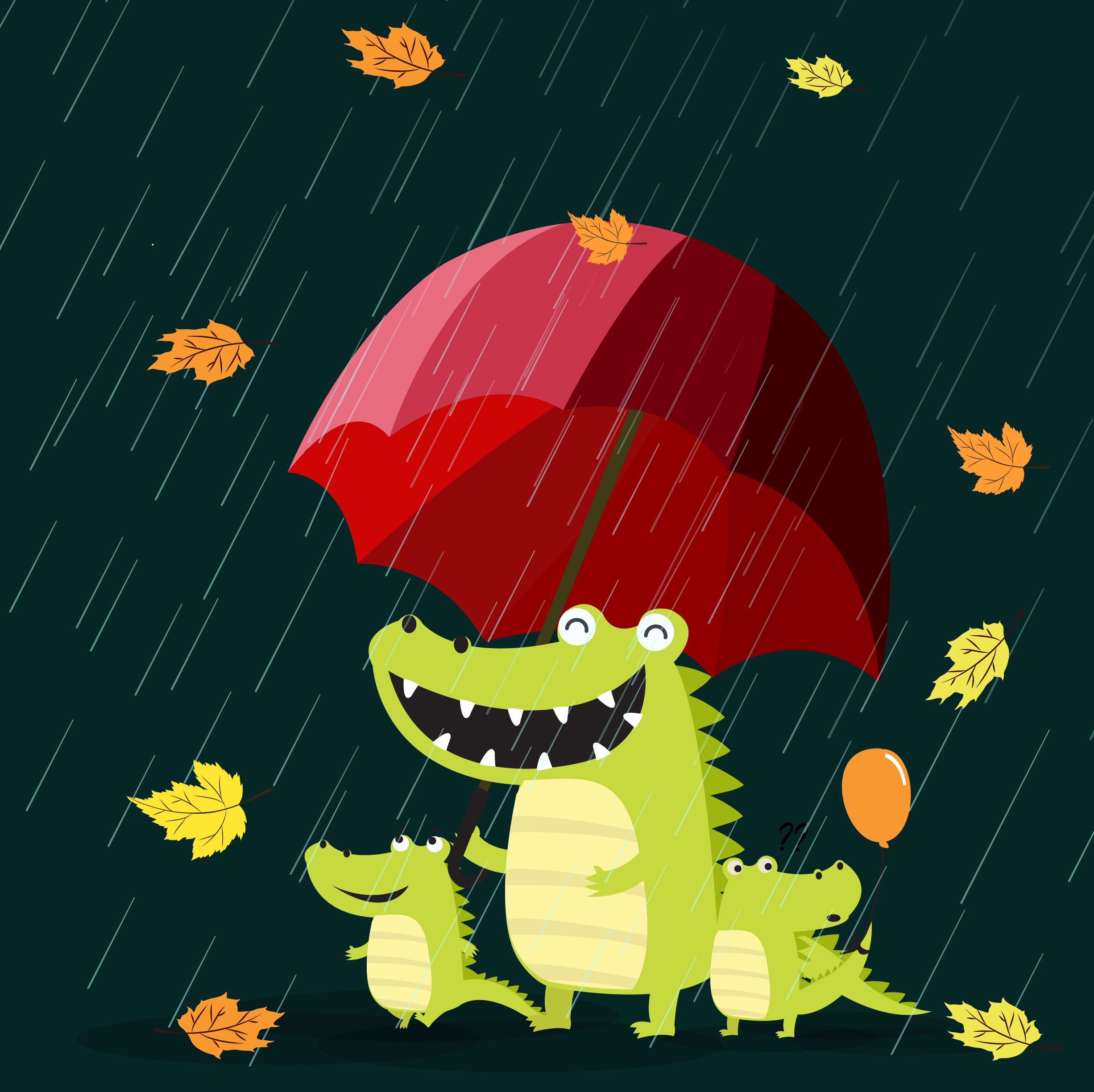 season background stylized green crocodiles umbrella rain icons