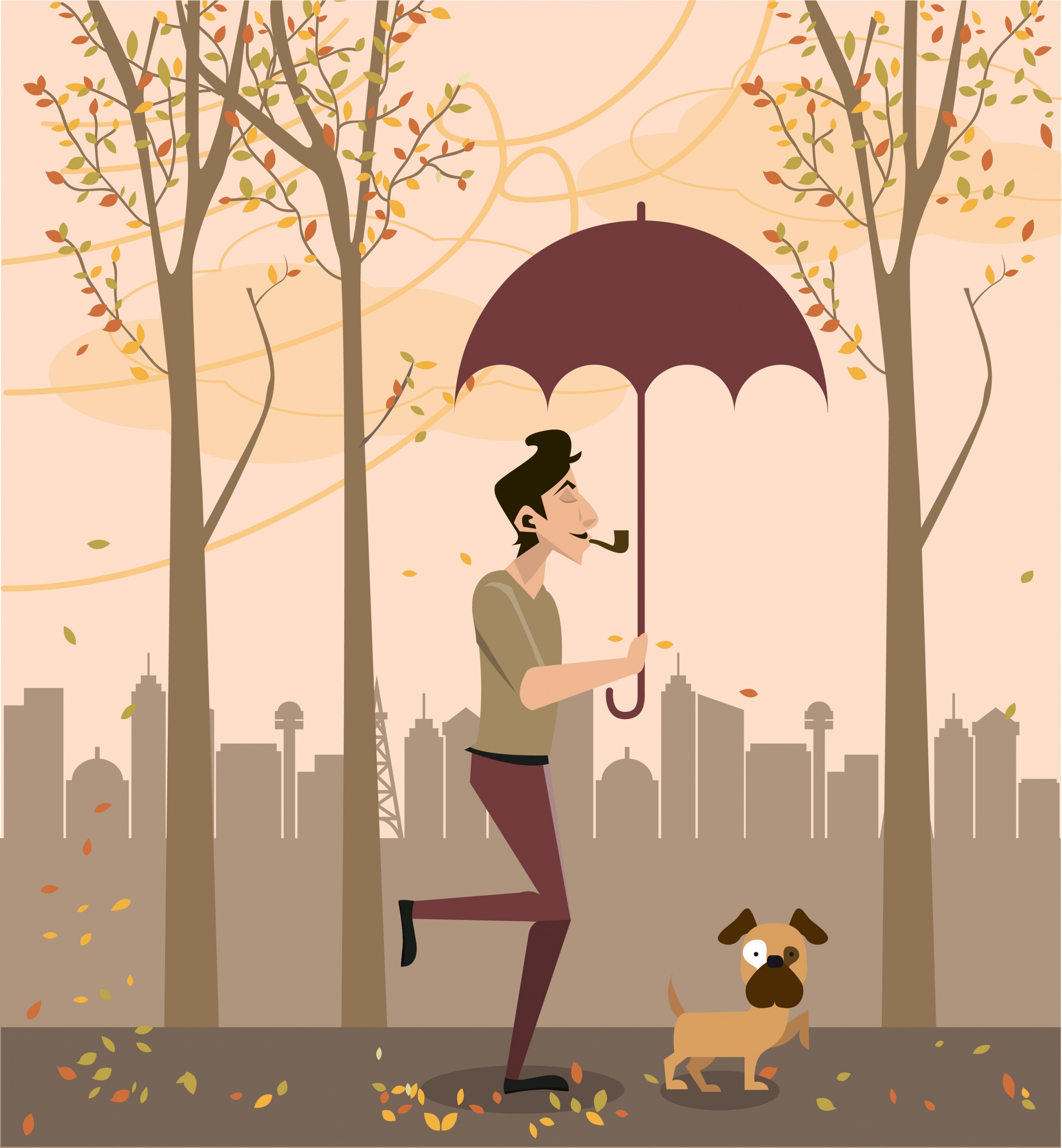 autumn theme man pet umbrella falling leaves decor