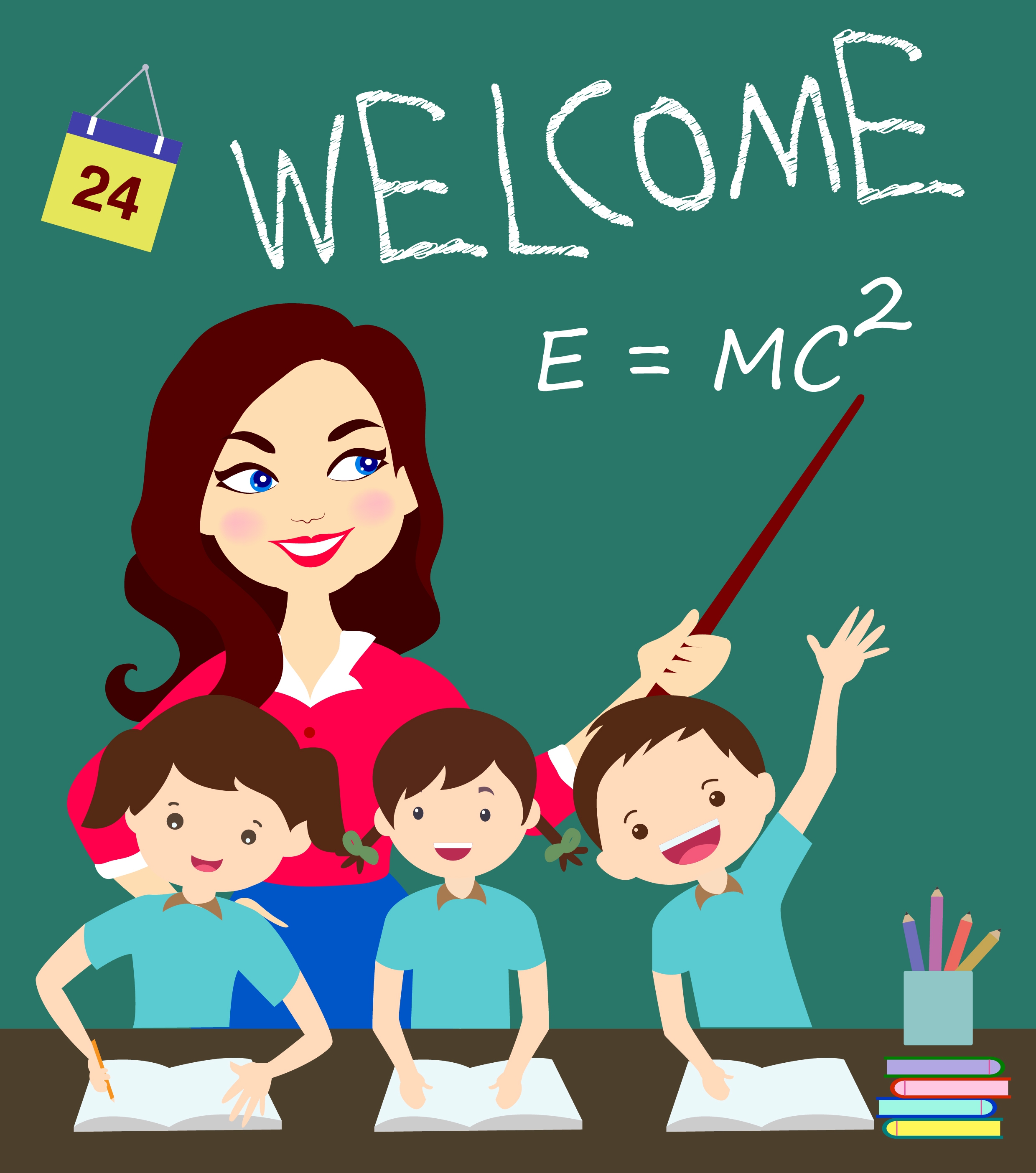 classroom background teacher pupil blackboard icons colored cartoon