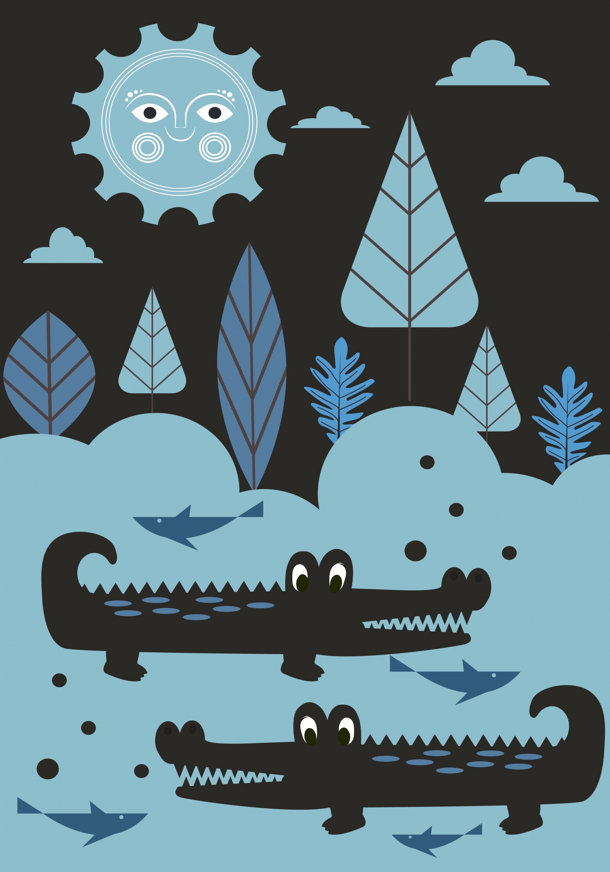 wildlife background dark colored cartoon crocodile sun icon