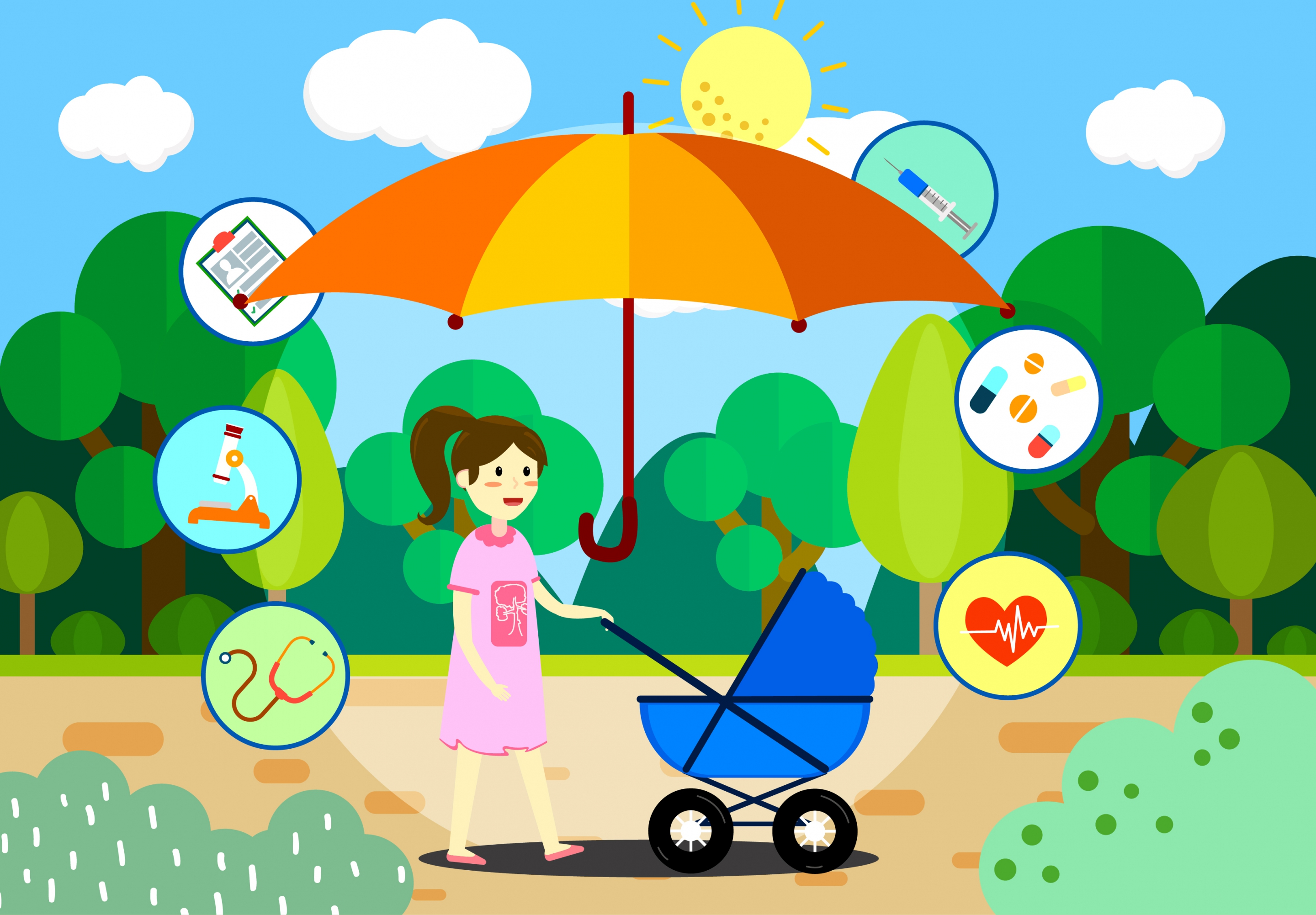 baby care design elements mother trolley umbrella icons